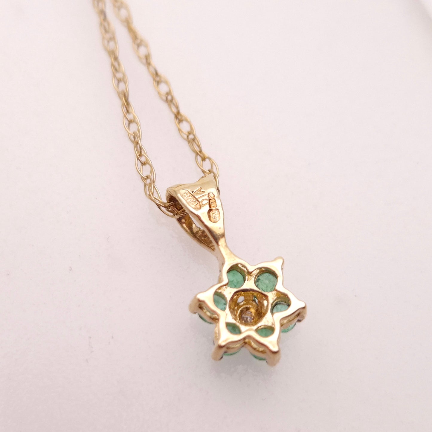 9ct Yellow Gold Emerald and Diamond Flower Cluster Pendant and Chain Necklace