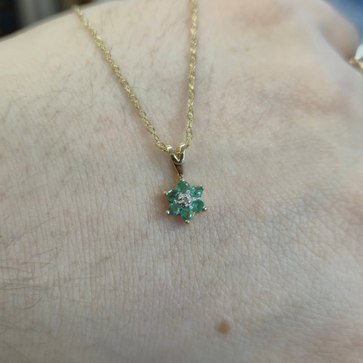 9ct Yellow Gold Emerald and Diamond Flower Cluster Pendant and Chain Necklace