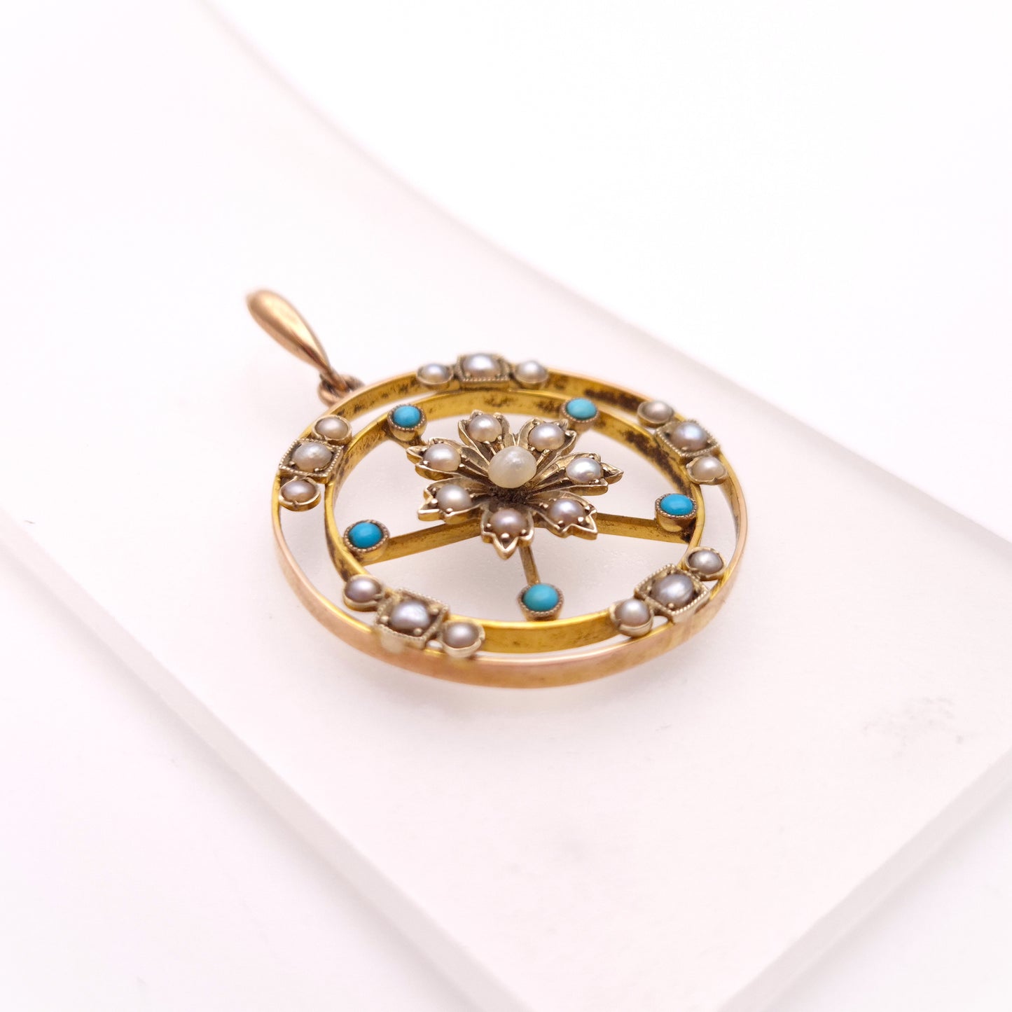 9ct Yellow Gold Antique Turquoise & Pearl Floral Art Nouveau Pendant