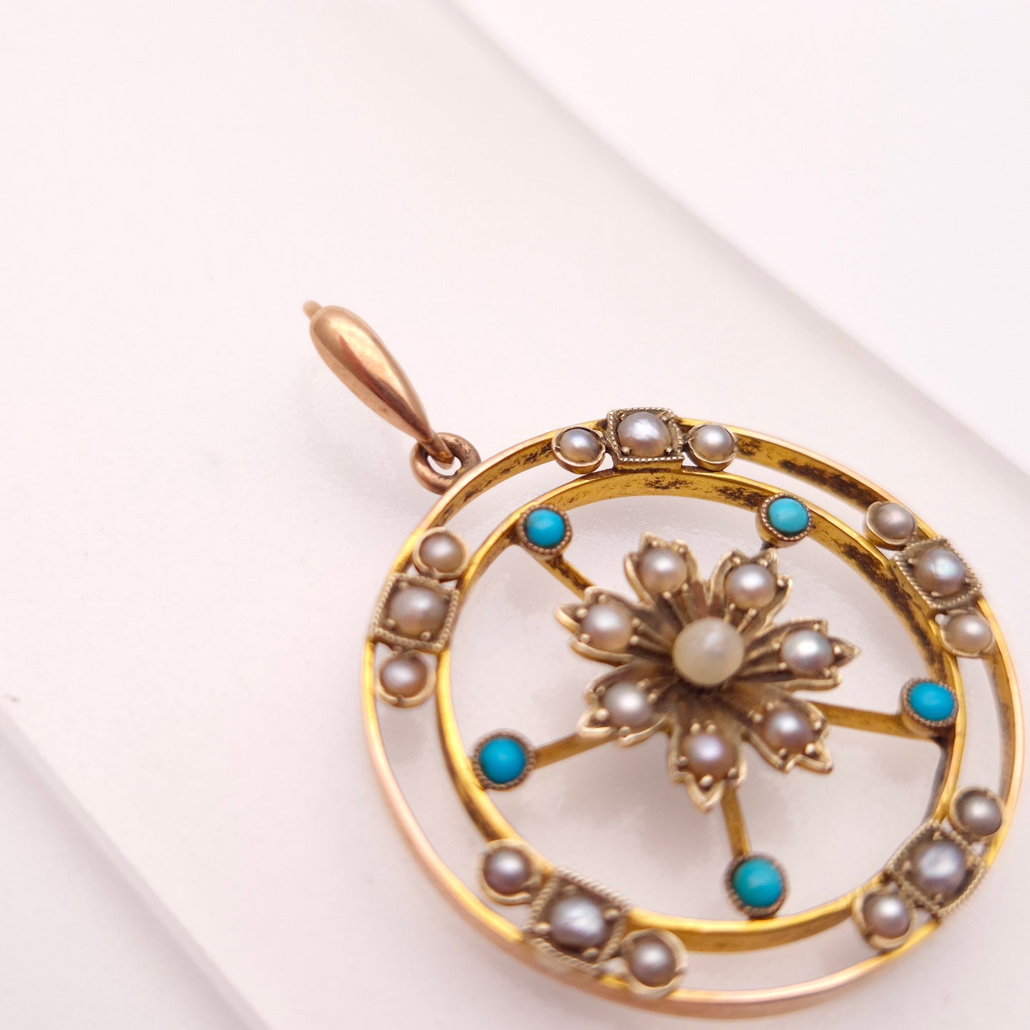 9ct Yellow Gold Antique Turquoise & Pearl Floral Art Nouveau Pendant