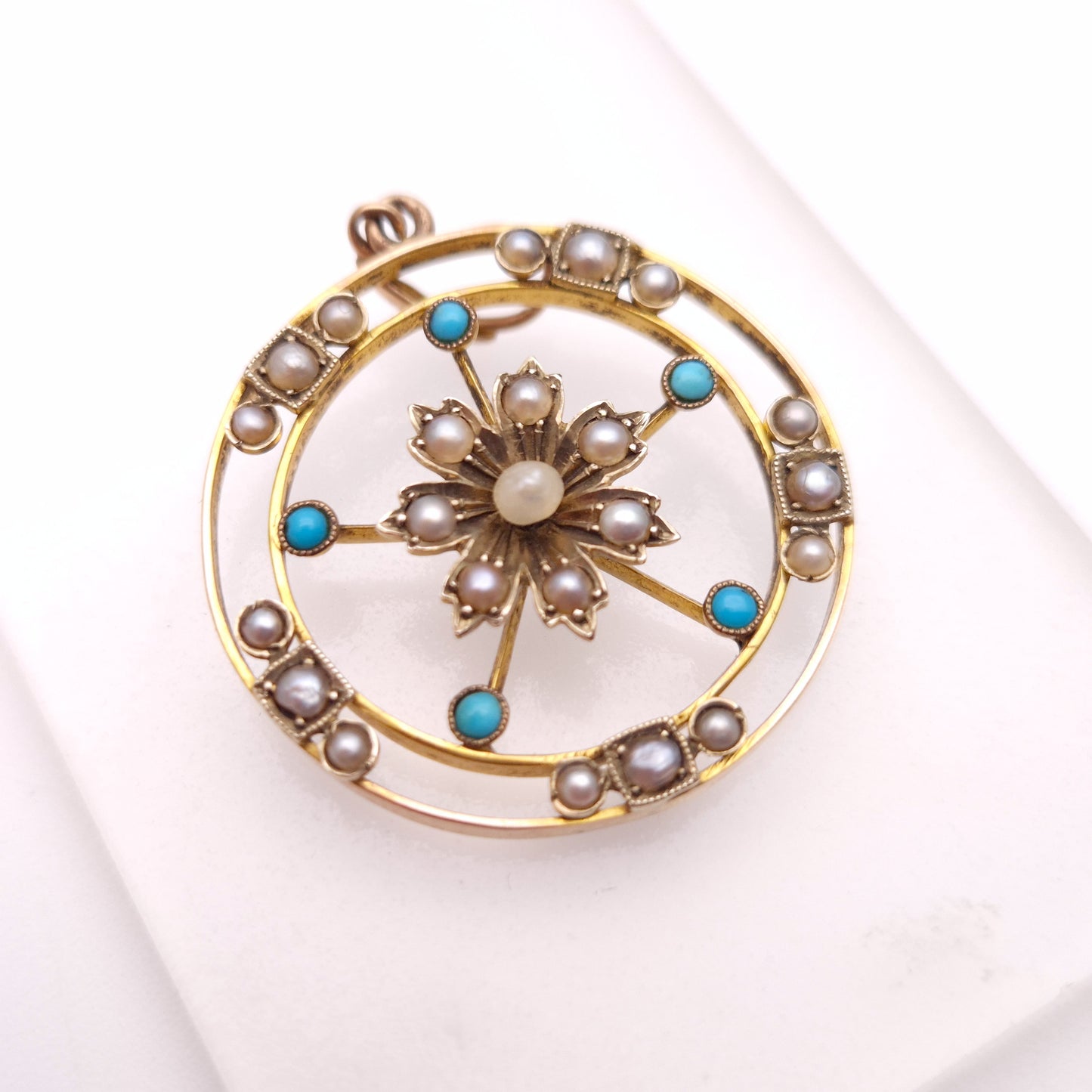 9ct Yellow Gold Antique Turquoise & Pearl Floral Art Nouveau Pendant