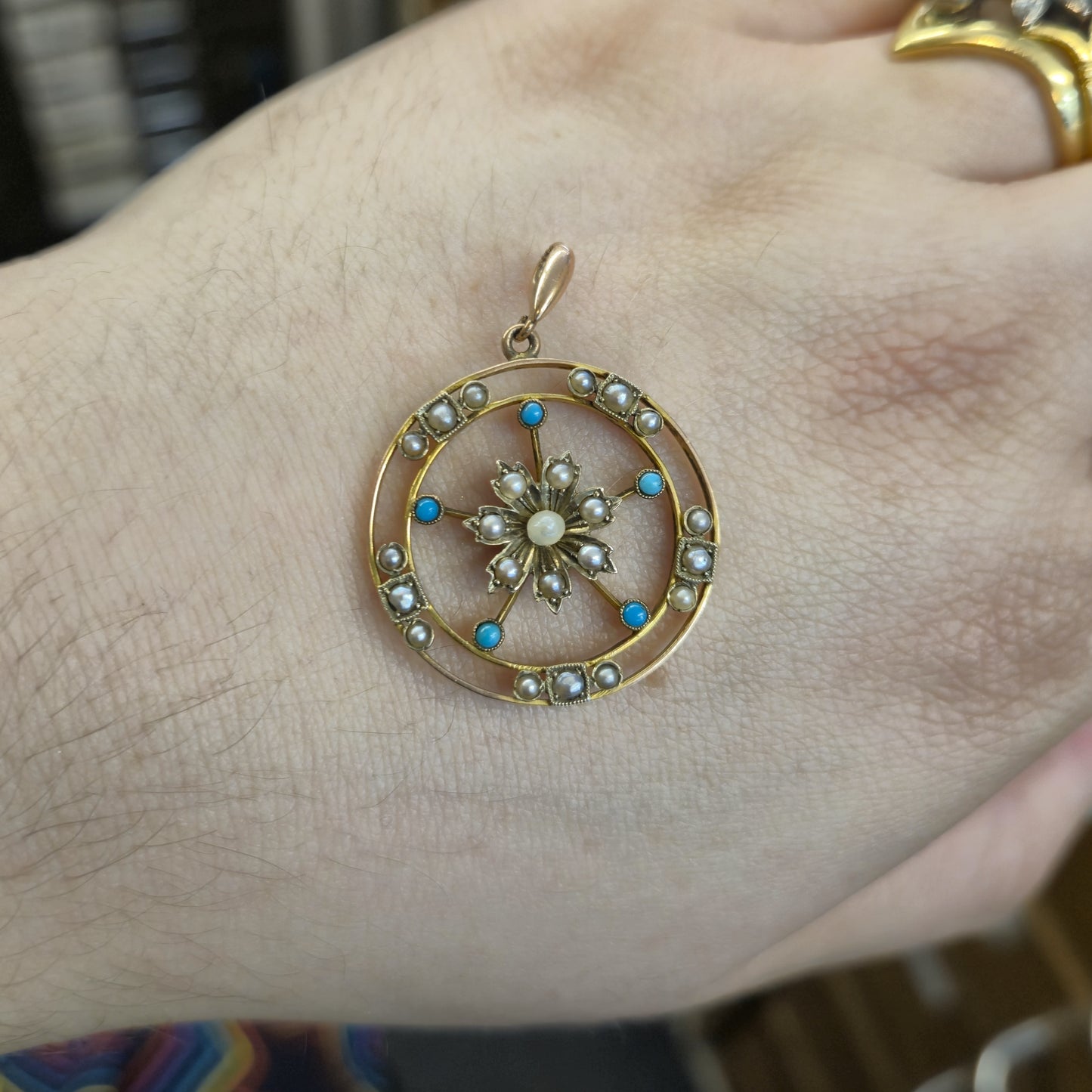 9ct Yellow Gold Antique Turquoise & Pearl Floral Art Nouveau Pendant