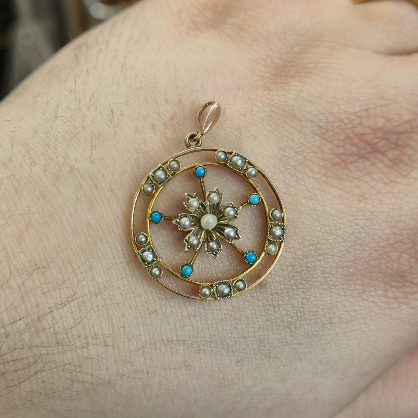 9ct Yellow Gold Antique Turquoise & Pearl Floral Art Nouveau Pendant