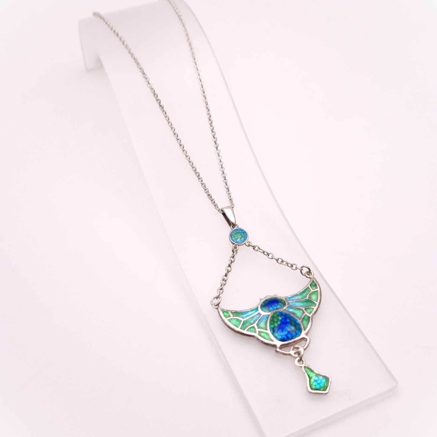 Sterling Silver Charles Horner Antique Enamel Bat Pendant and Chain Necklace