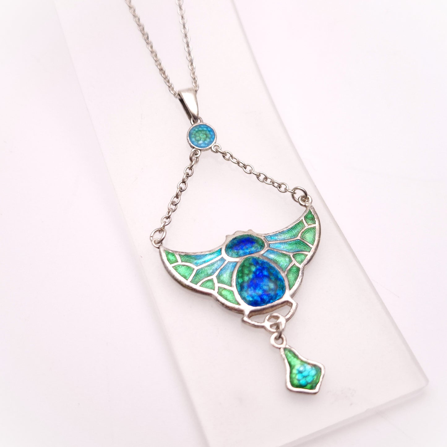 Sterling Silver Charles Horner Antique Enamel Bat Pendant and Chain Necklace