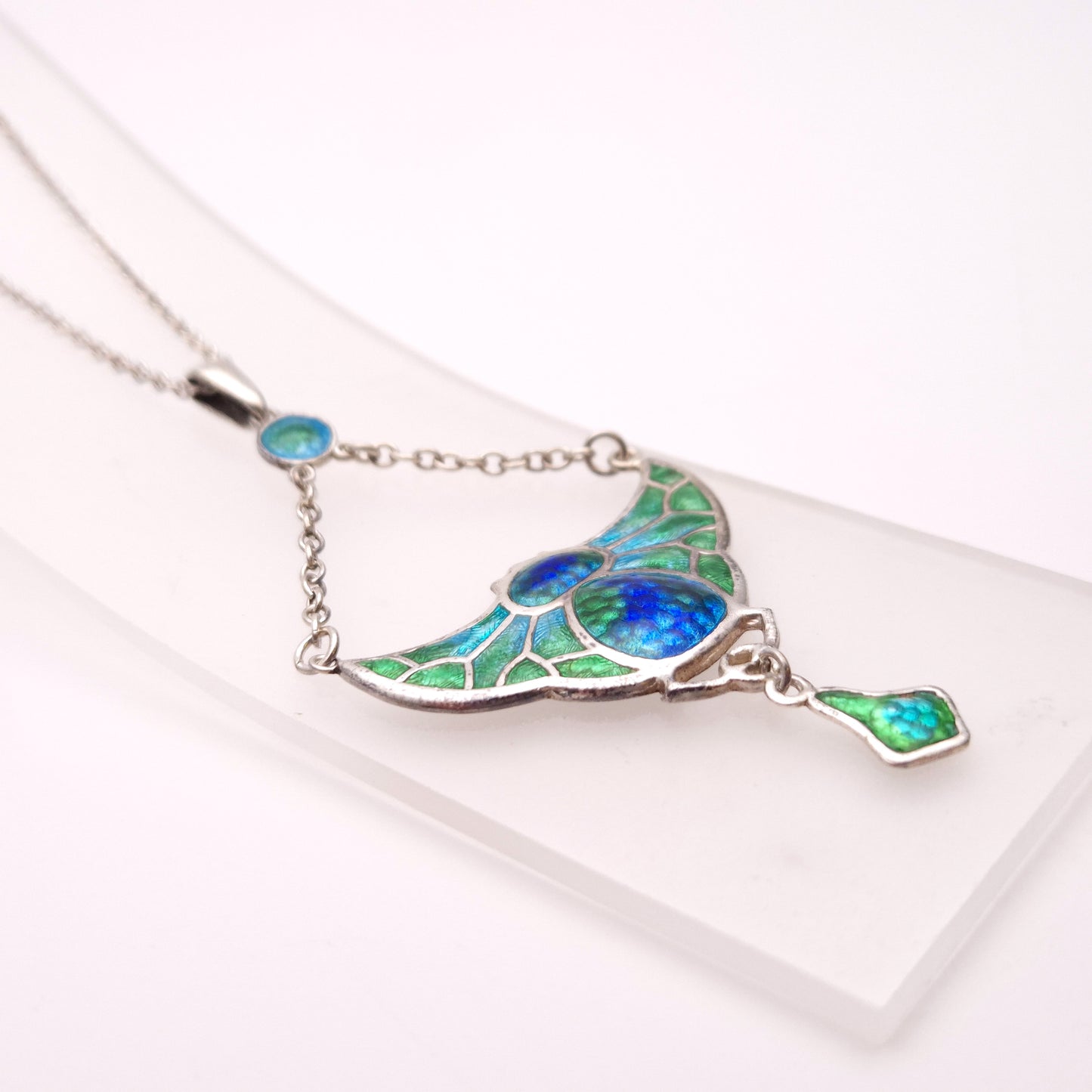 Sterling Silver Charles Horner Antique Enamel Bat Pendant and Chain Necklace