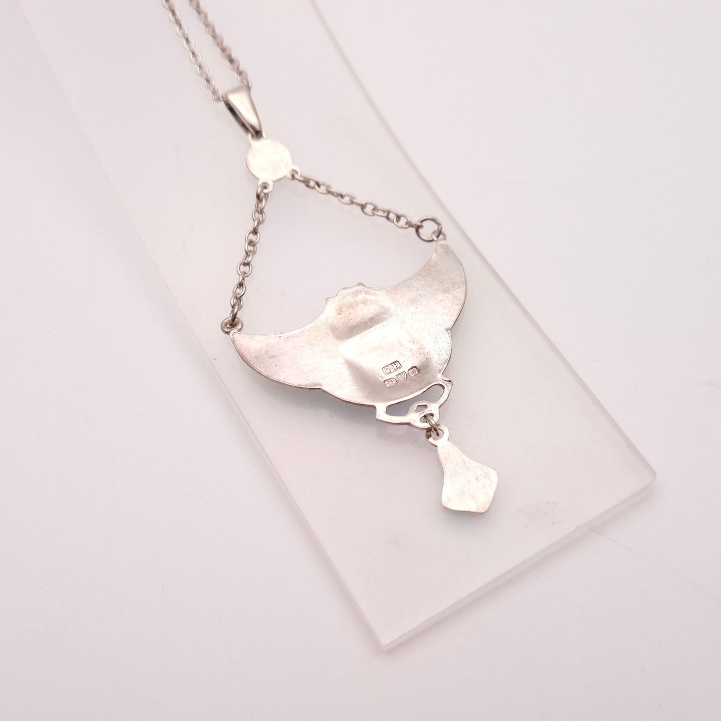 Sterling Silver Charles Horner Antique Enamel Bat Pendant and Chain Necklace