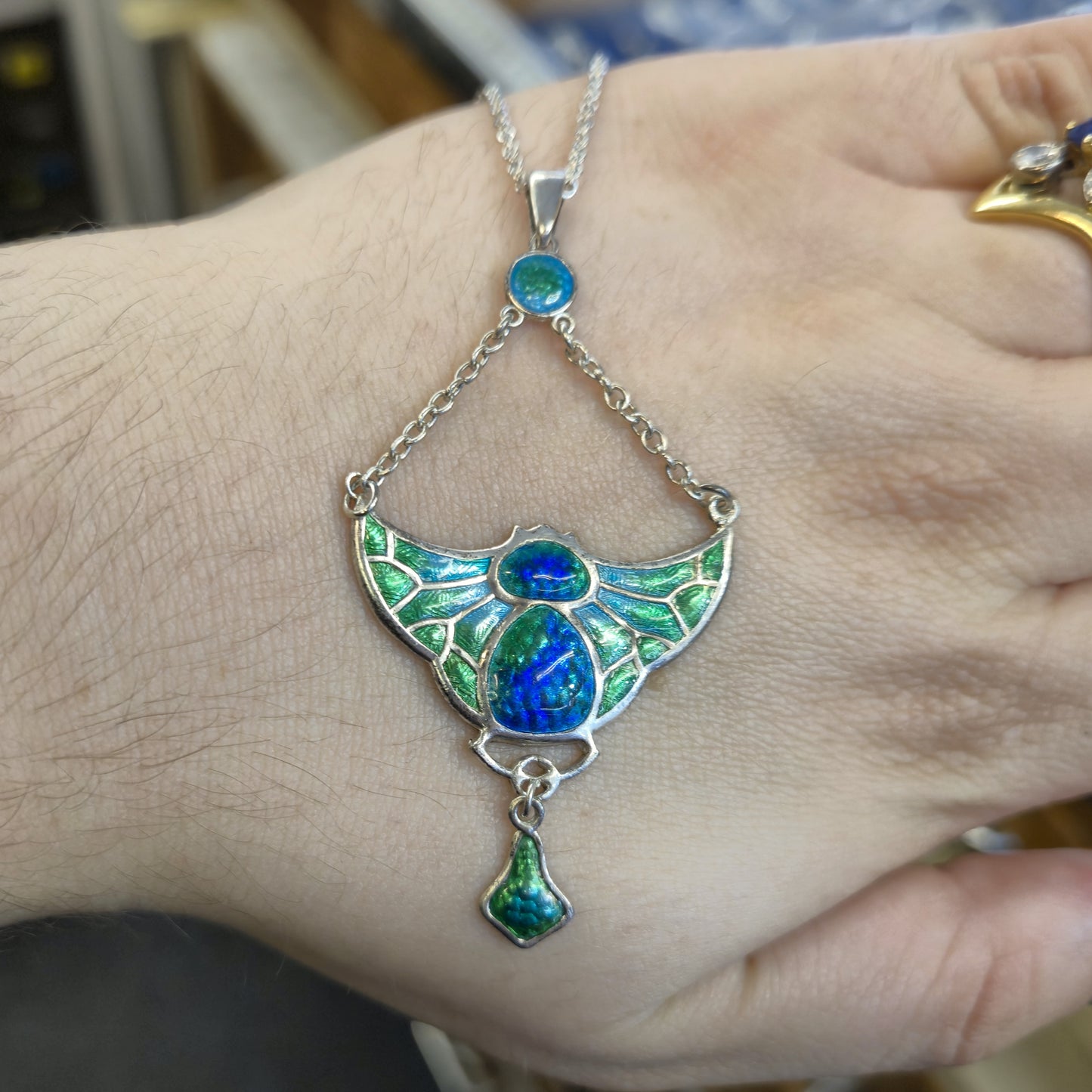 Sterling Silver Charles Horner Antique Enamel Bat Pendant and Chain Necklace