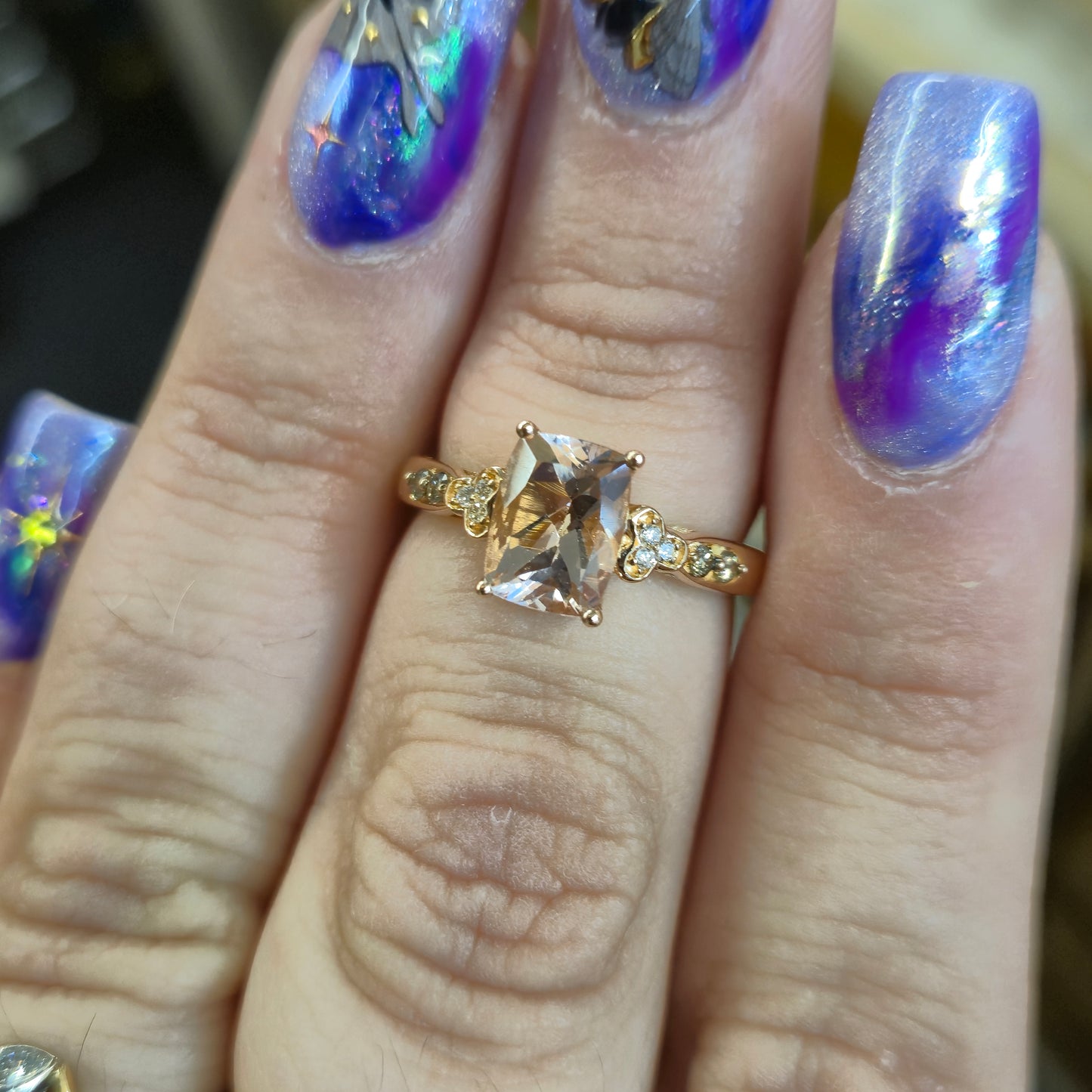 14ct Rose Gold Cushion Cut Morganite and Diamond Shoulders Ring