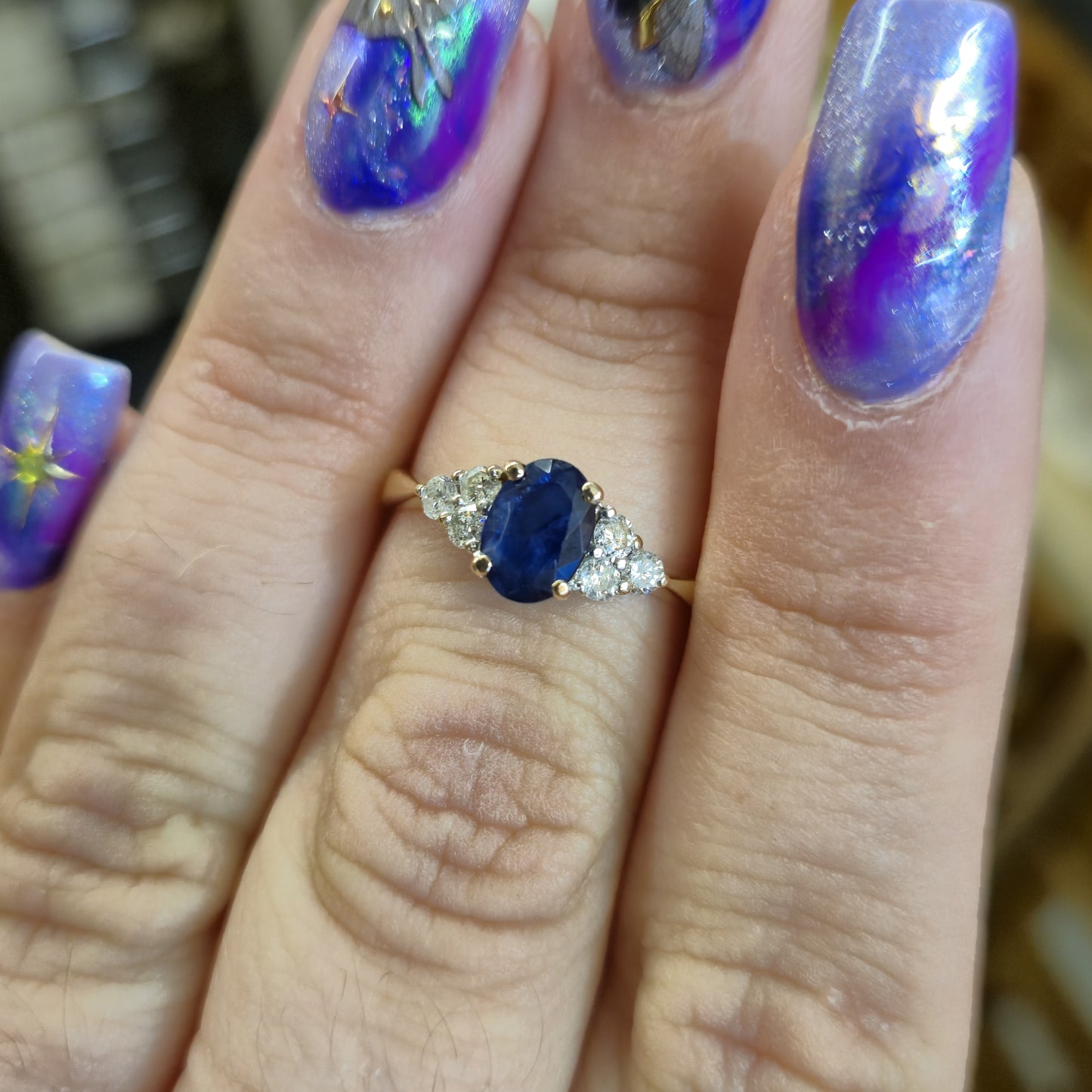 9ct Yellow Gold Oval Blue Sapphire and 0.25tcw Diamond Shoulders Ring
