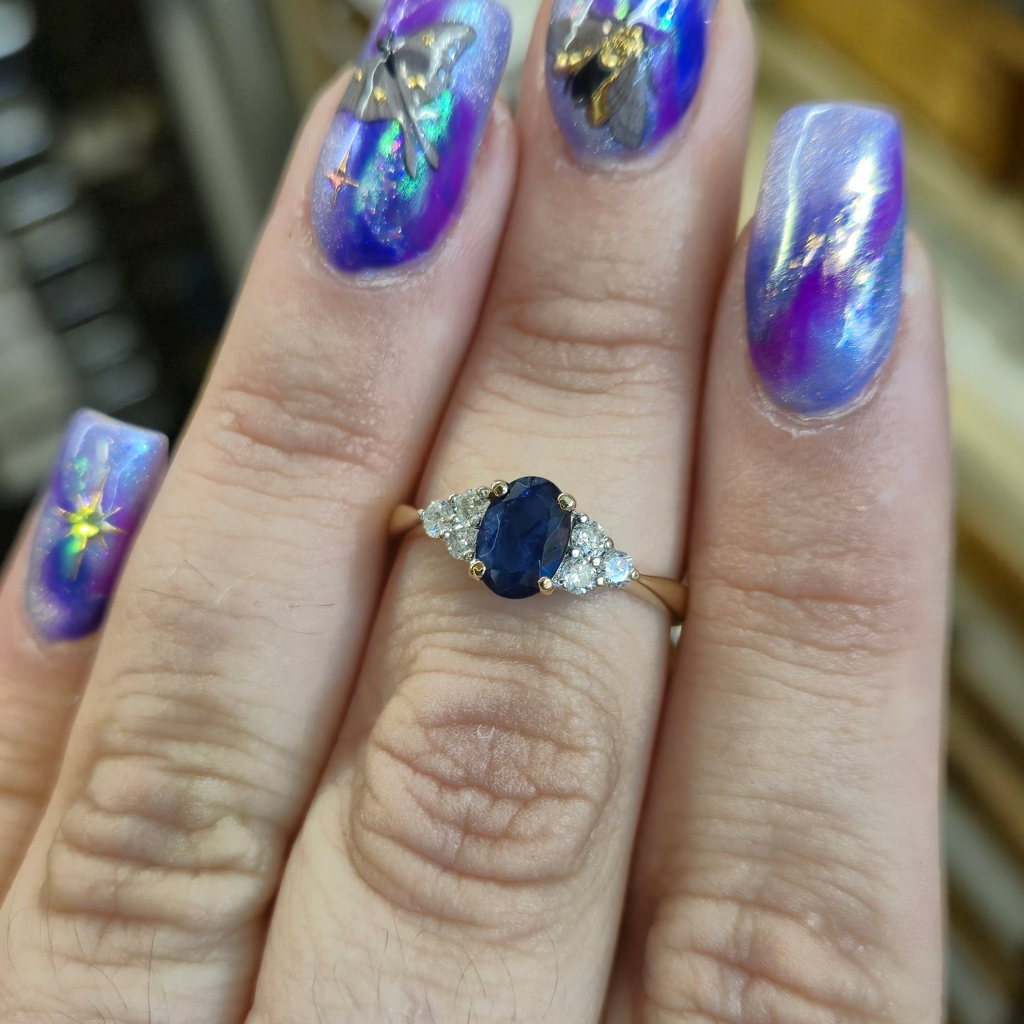 9ct Yellow Gold Oval Blue Sapphire and 0.25tcw Diamond Shoulders Ring