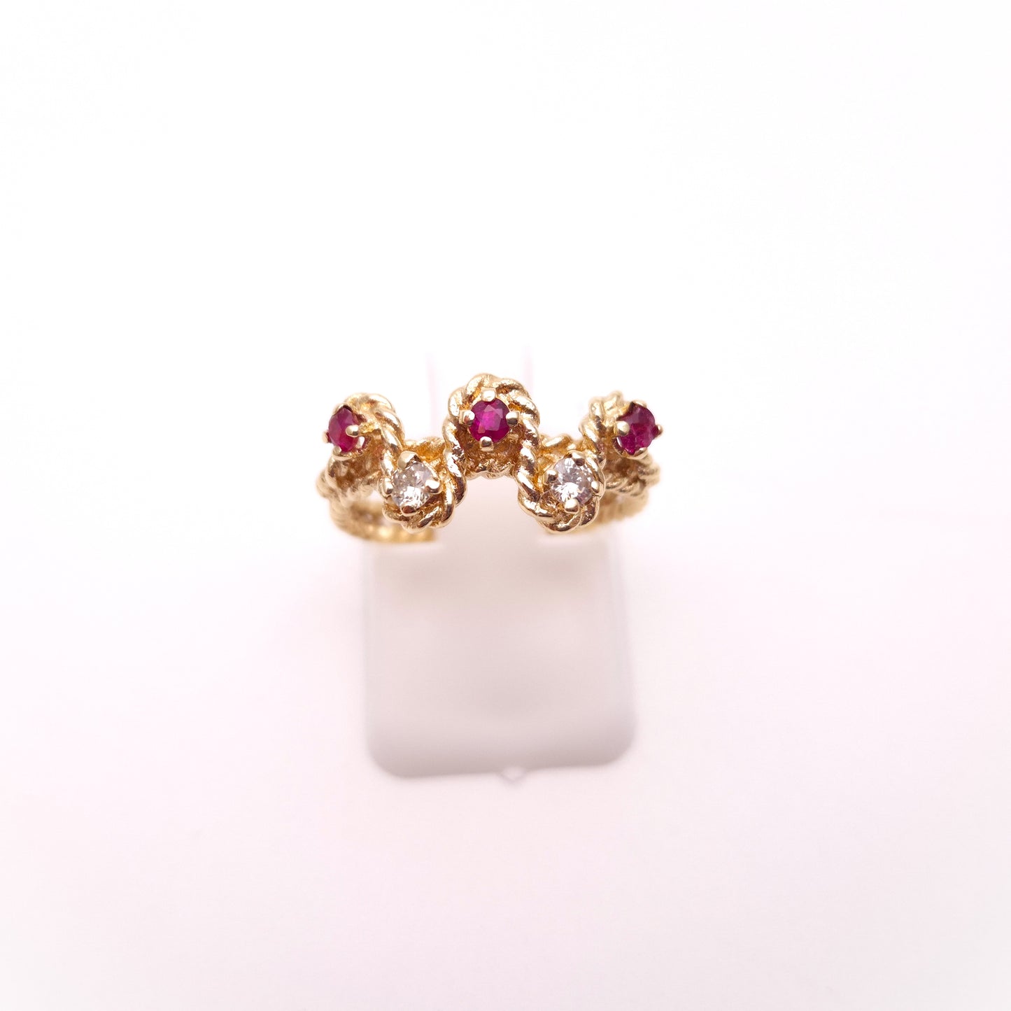 9ct Yellow Gold Rope Effect Ruby and Diamond Multi-Stone Unusual Ring
