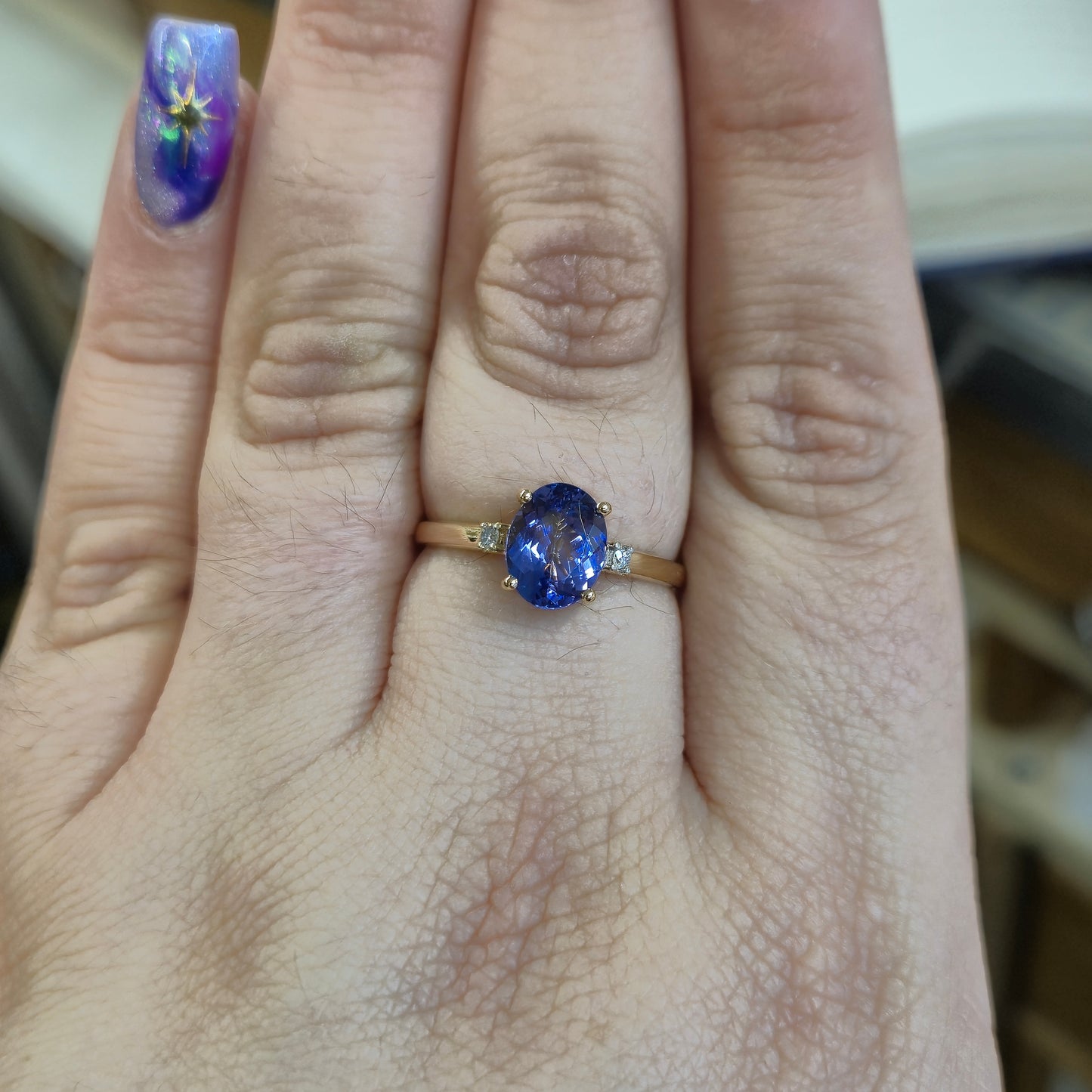 18ct Yellow Gold Oval Cut Tanzanite and Diamond Trilogy Ring