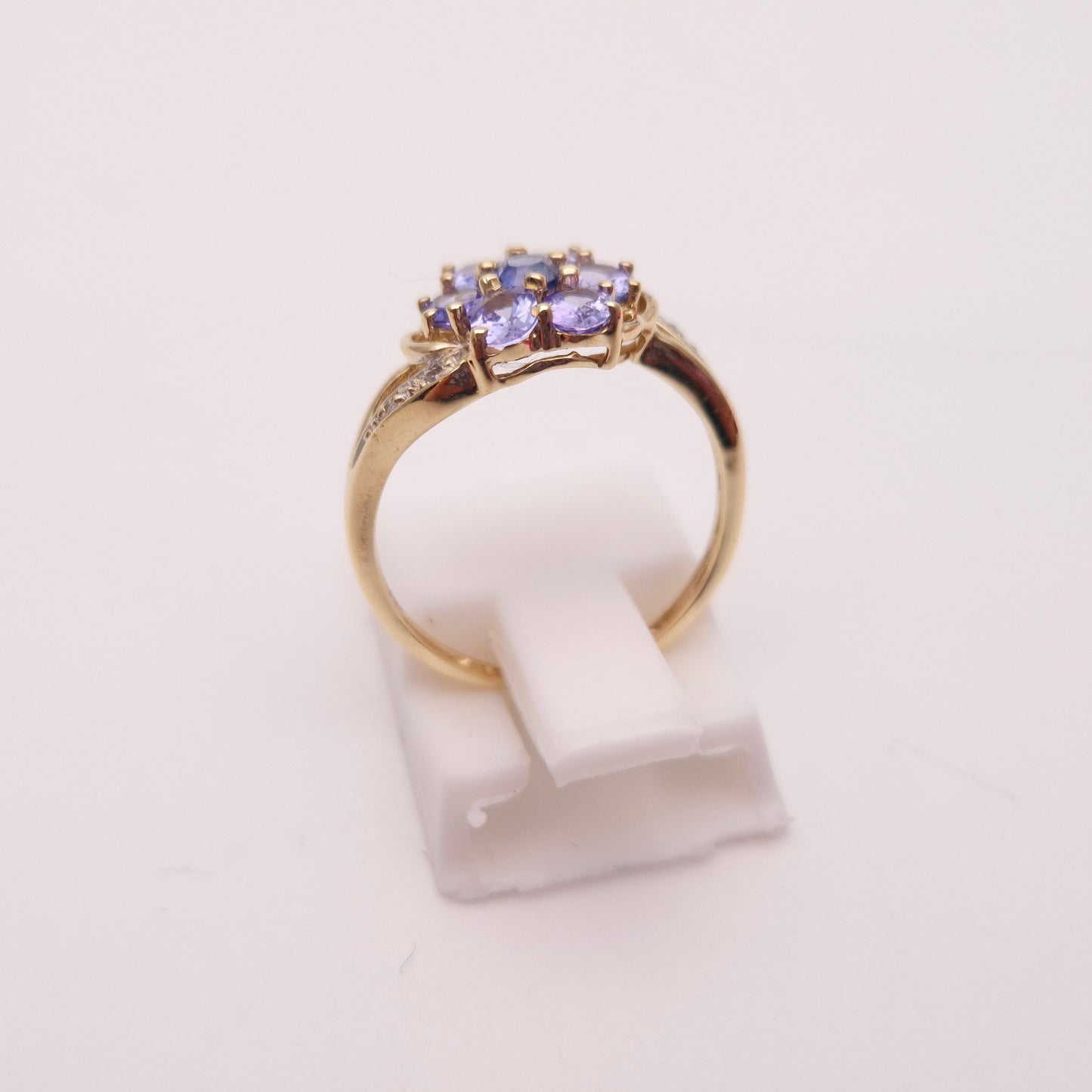 9ct Yellow Gold Multi-Stone Tanzanite and Diamond Flower Cluster Ring