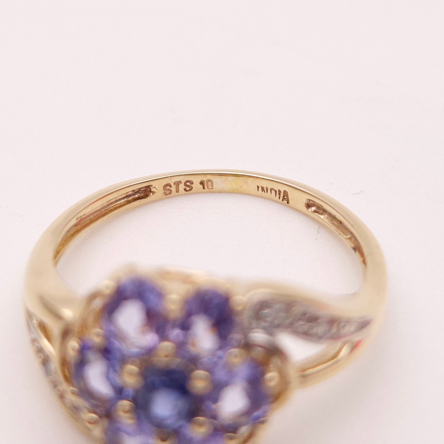 9ct Yellow Gold Multi-Stone Tanzanite and Diamond Flower Cluster Ring