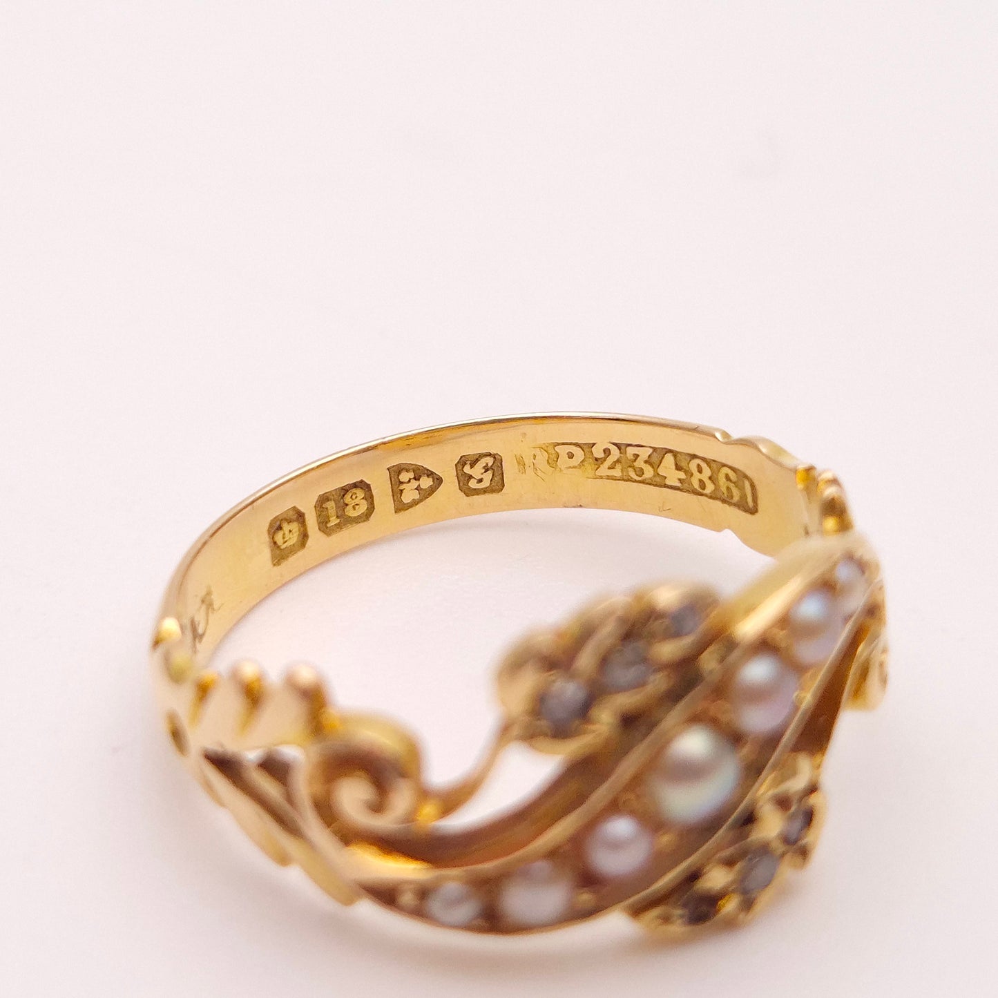 18ct Yellow Gold Antique Chester 1907 Pearl and Diamond Floral Ring