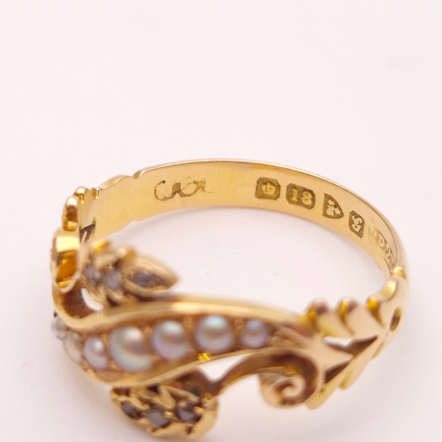 18ct Yellow Gold Antique Chester 1907 Pearl and Diamond Floral Ring