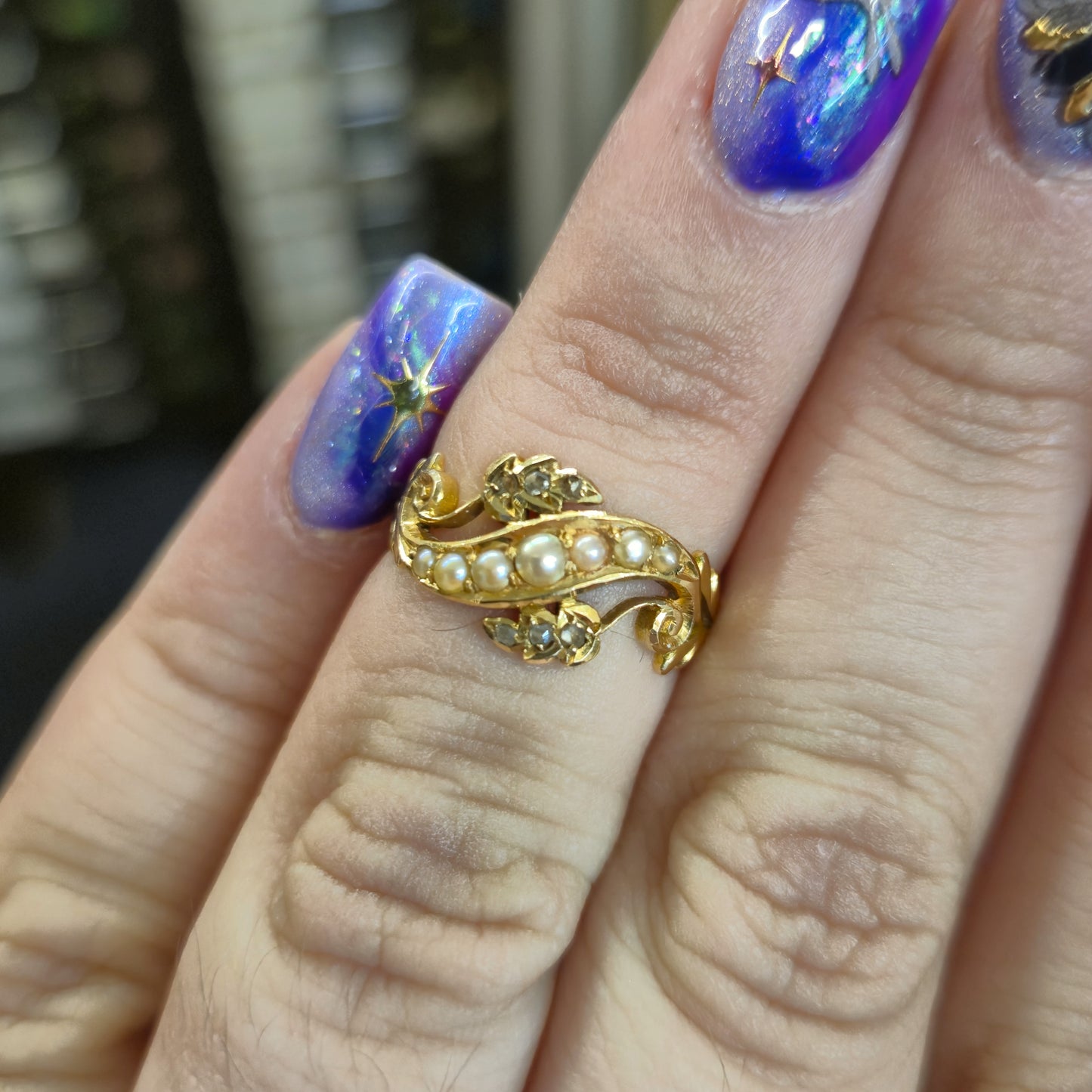 18ct Yellow Gold Antique Chester 1907 Pearl and Diamond Floral Ring
