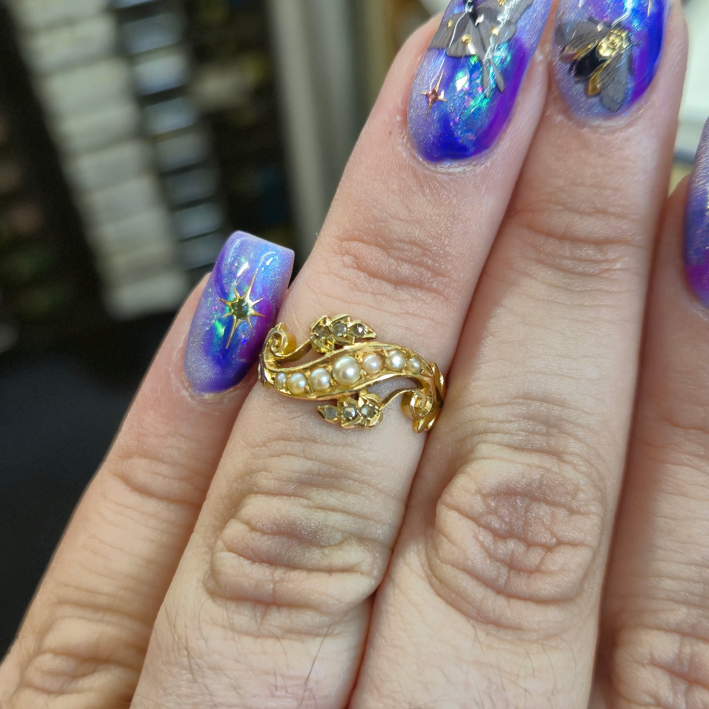 18ct Yellow Gold Antique Chester 1907 Pearl and Diamond Floral Ring
