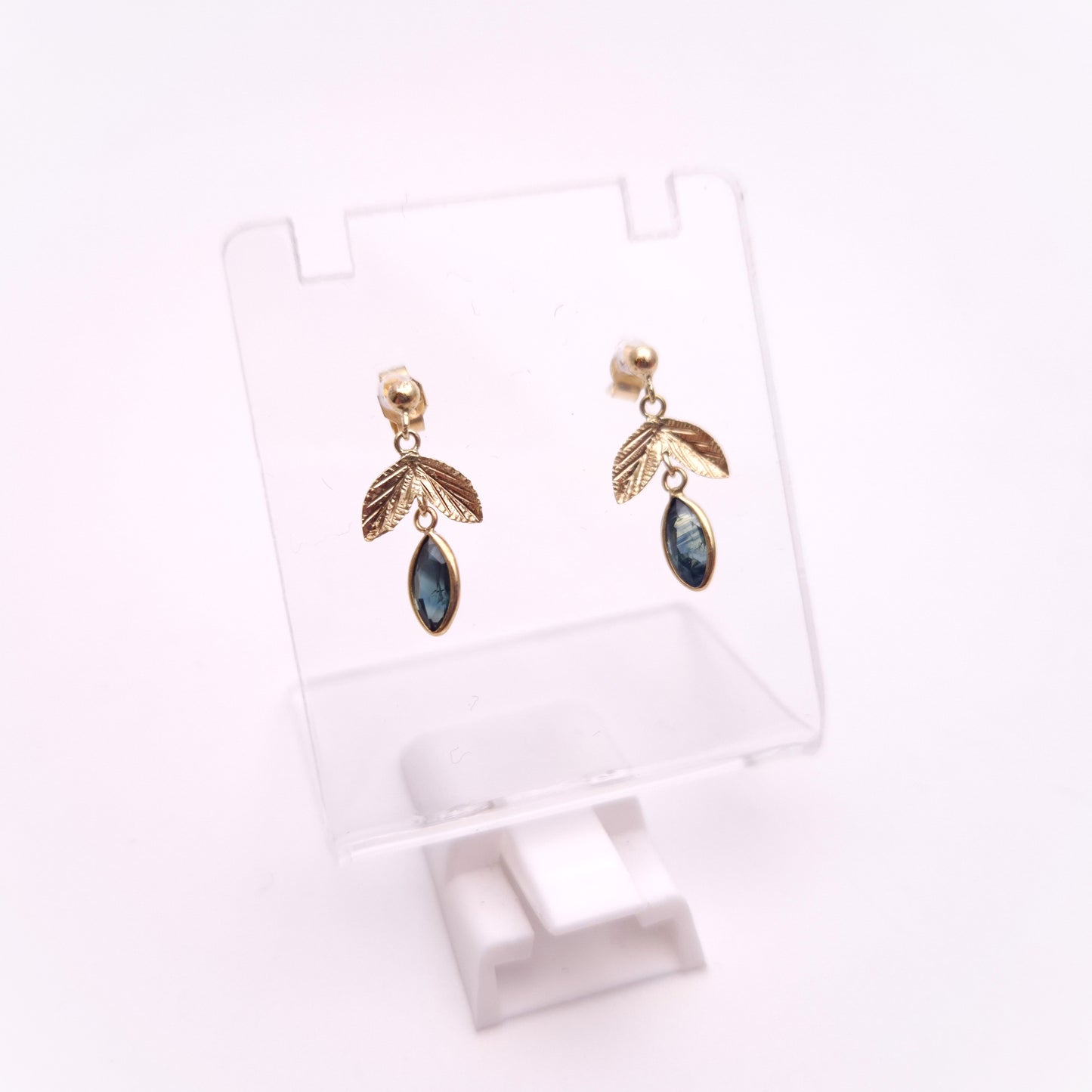 9ct Yellow Gold Marquise Sapphire Leaf Foliate Drop Earrings