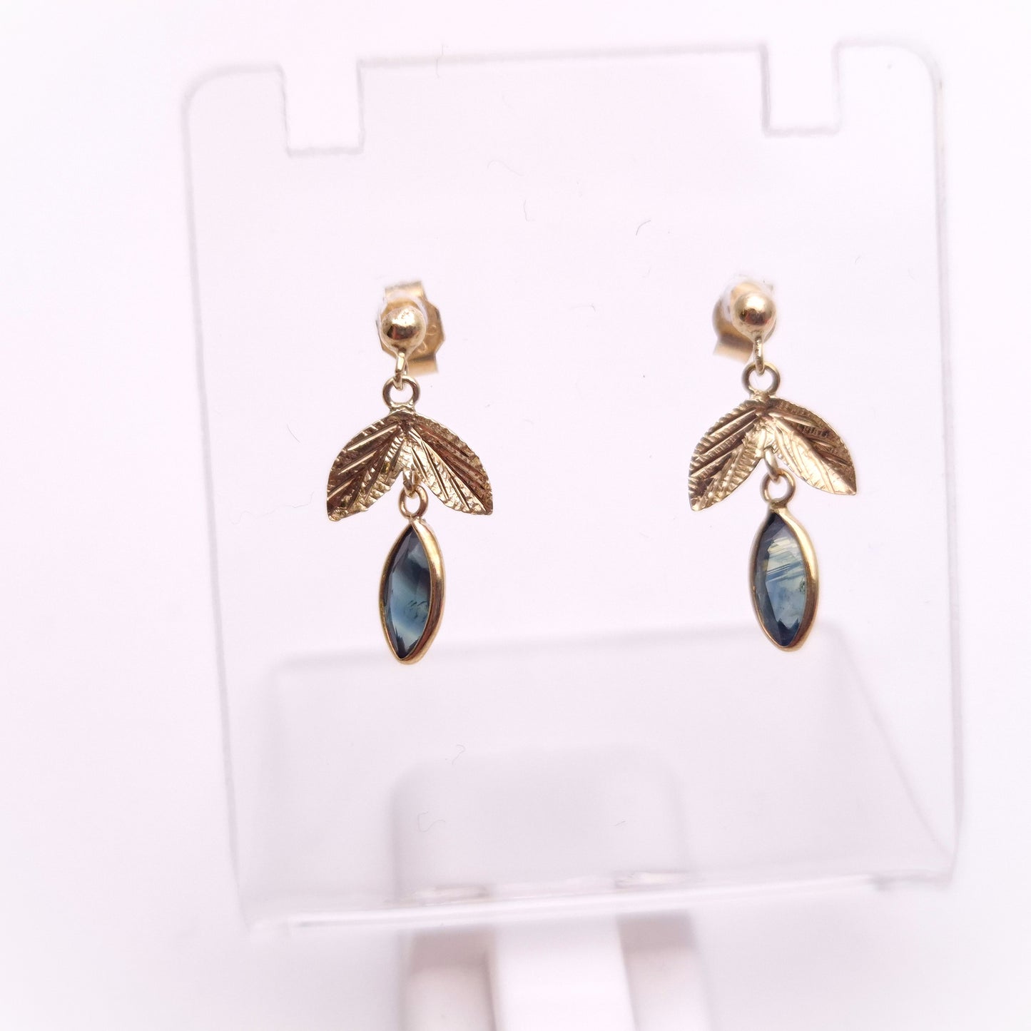 9ct Yellow Gold Marquise Sapphire Leaf Foliate Drop Earrings