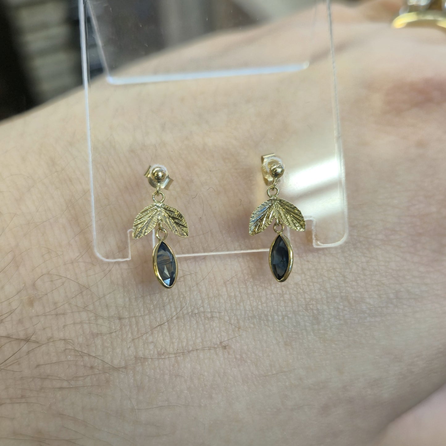 9ct Yellow Gold Marquise Sapphire Leaf Foliate Drop Earrings