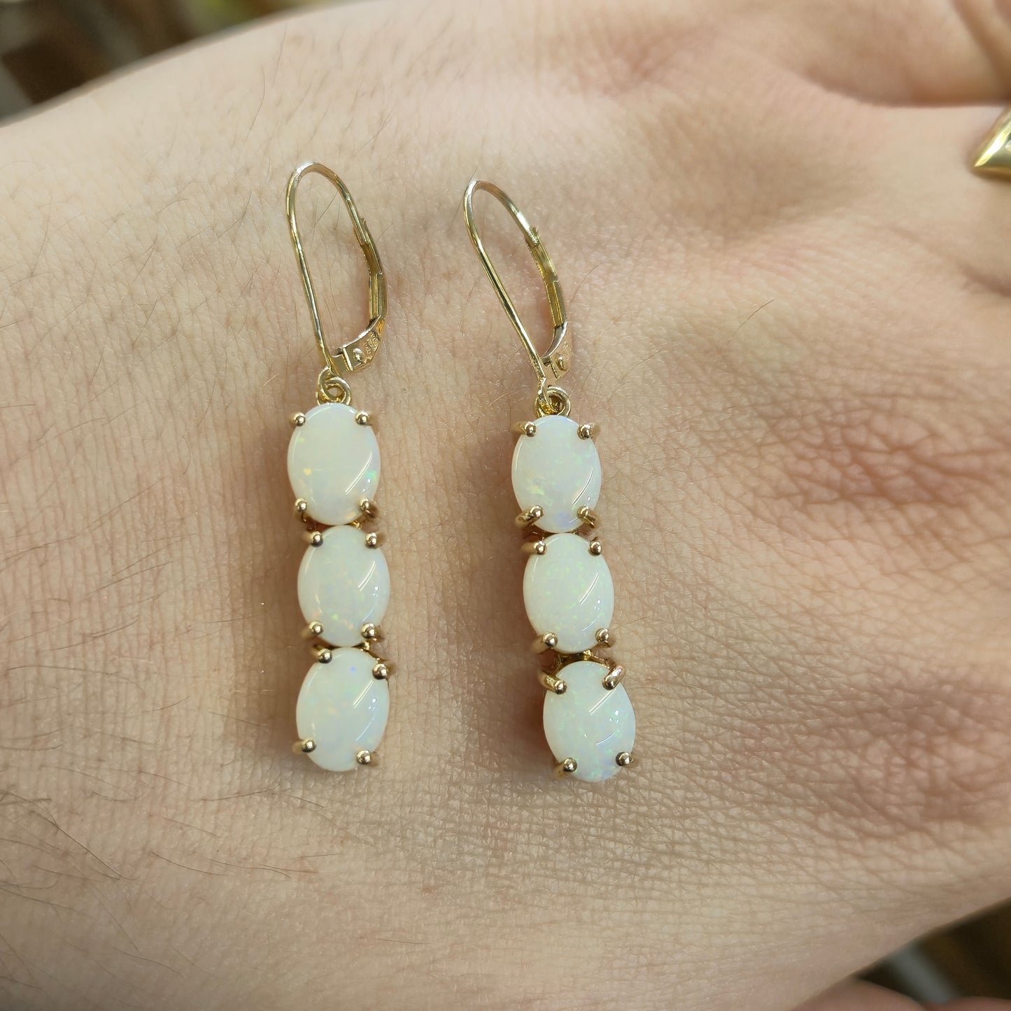 9ct Yellow Gold Triple Oval Cabochon Opal Drop Earrings