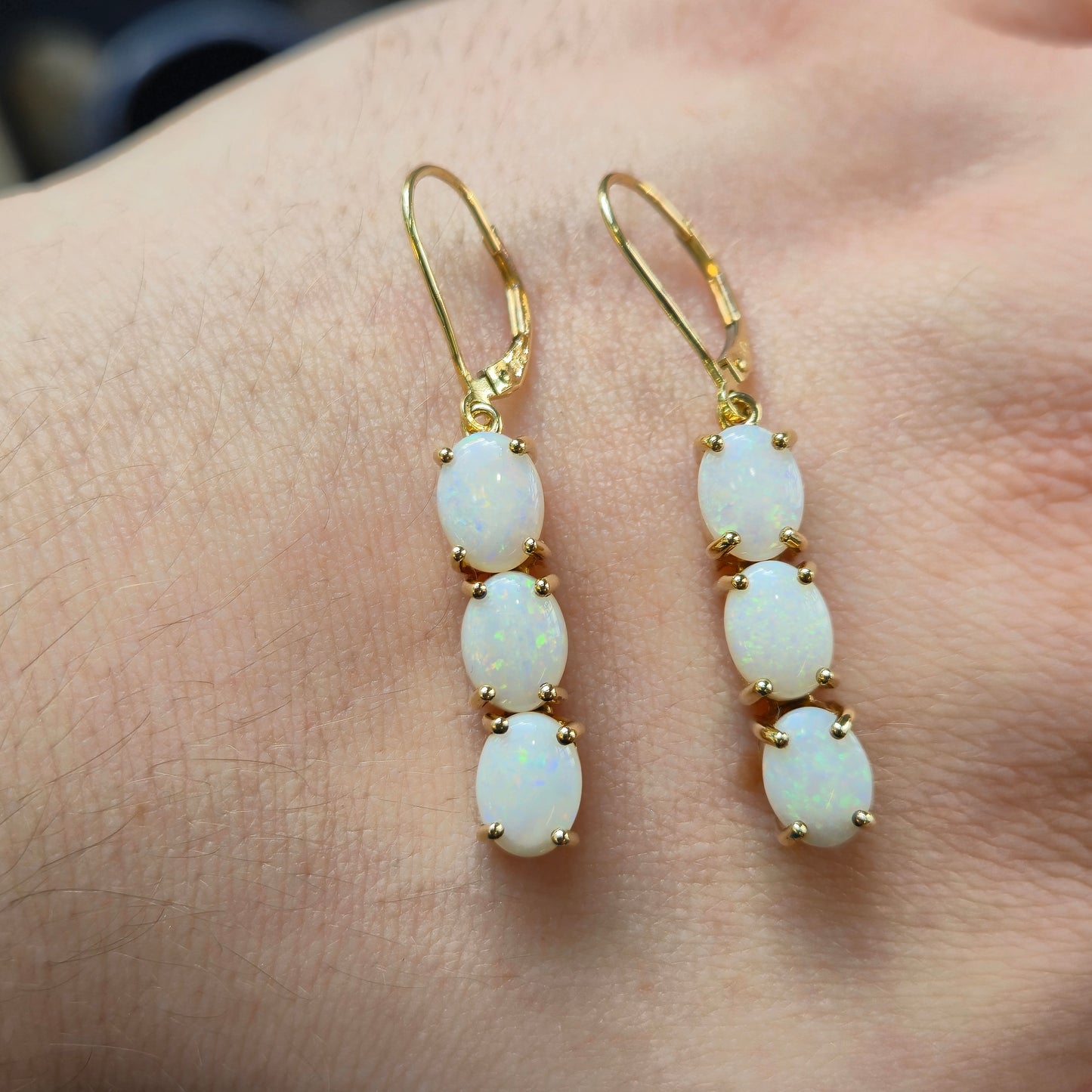 9ct Yellow Gold Triple Oval Cabochon Opal Drop Earrings