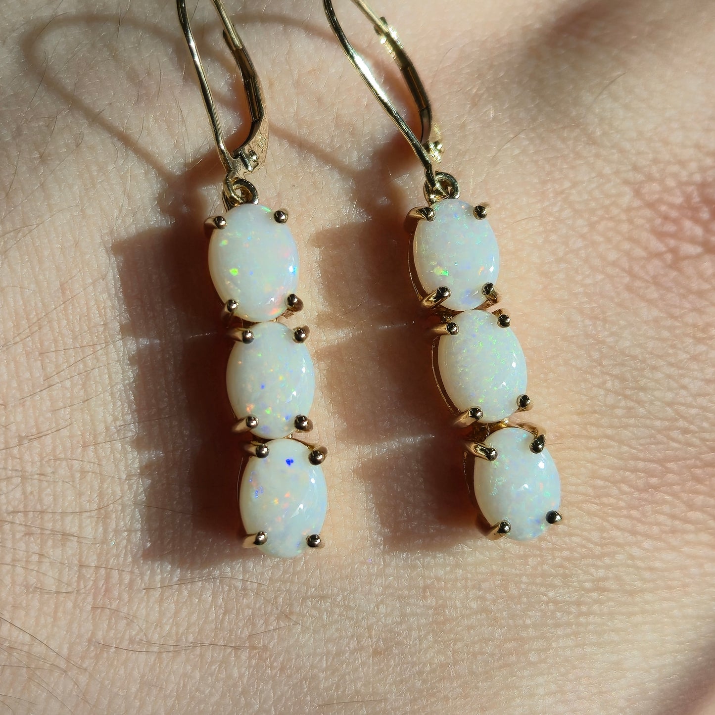 9ct Yellow Gold Triple Oval Cabochon Opal Drop Earrings