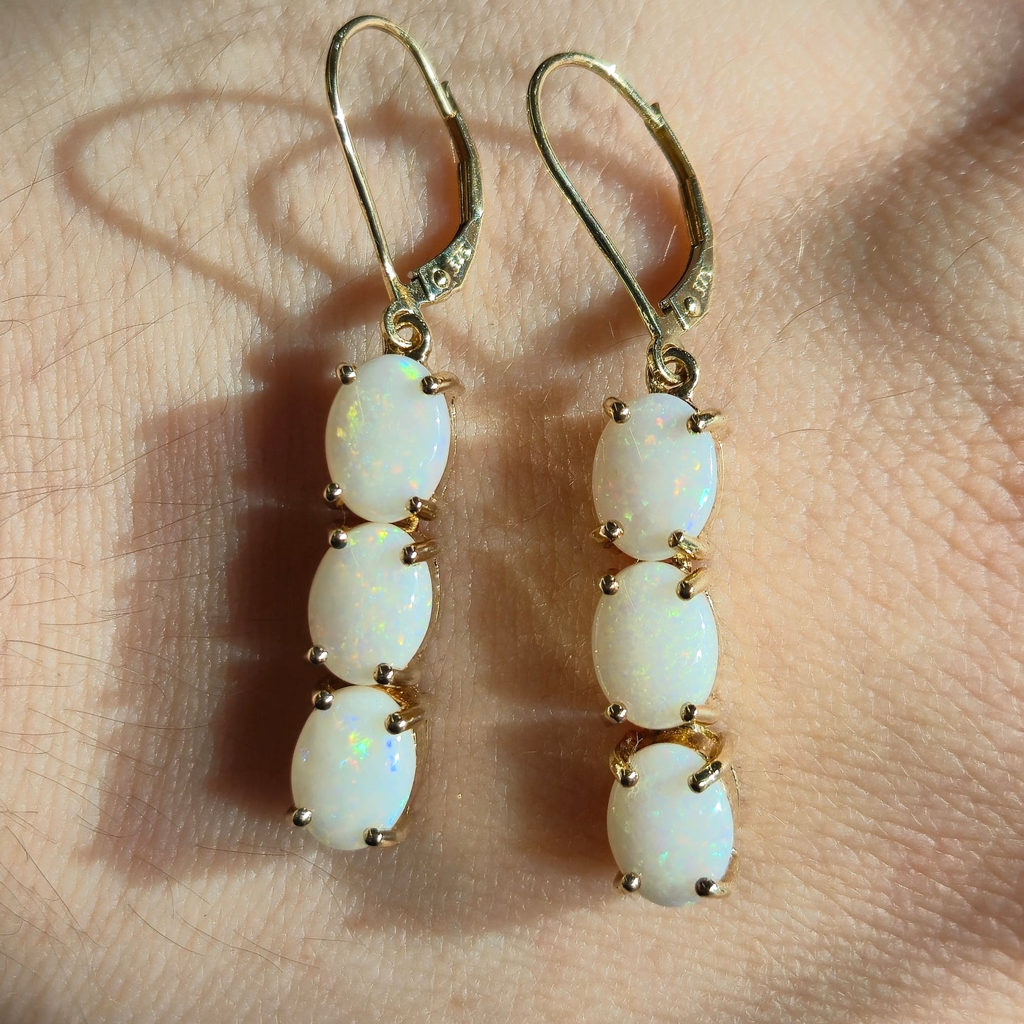 9ct Yellow Gold Triple Oval Cabochon Opal Drop Earrings