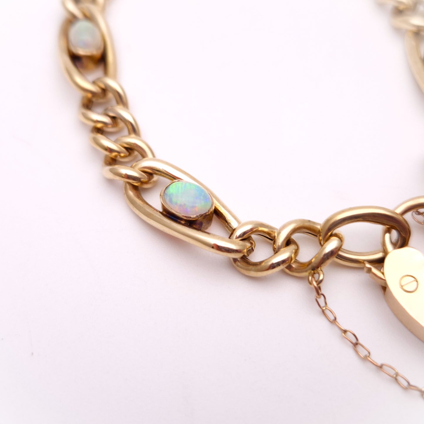 9ct Rose Gold Antique Opal Set Heart Padlock Bracelet Birmingham 1901