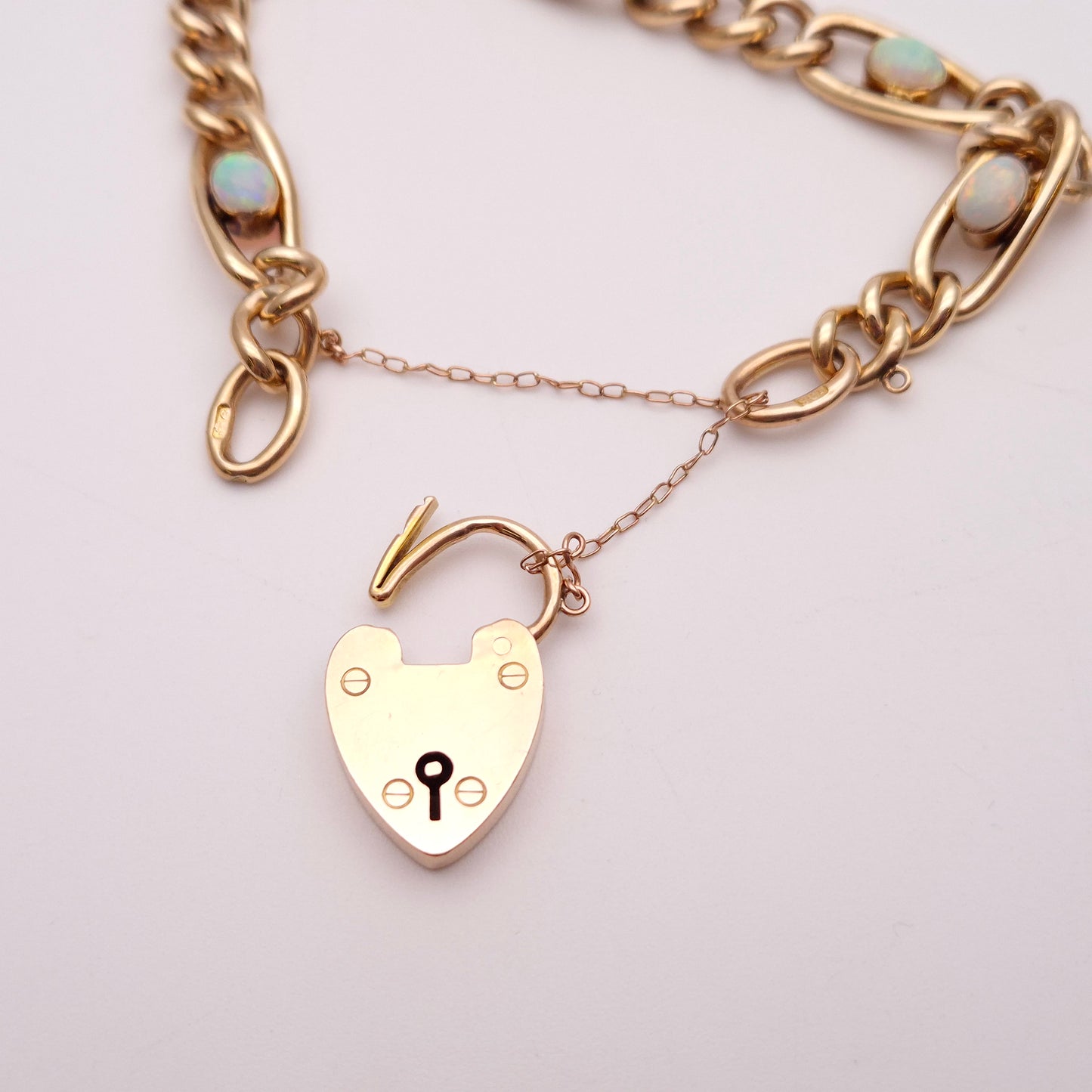 9ct Rose Gold Antique Opal Set Heart Padlock Bracelet Birmingham 1901