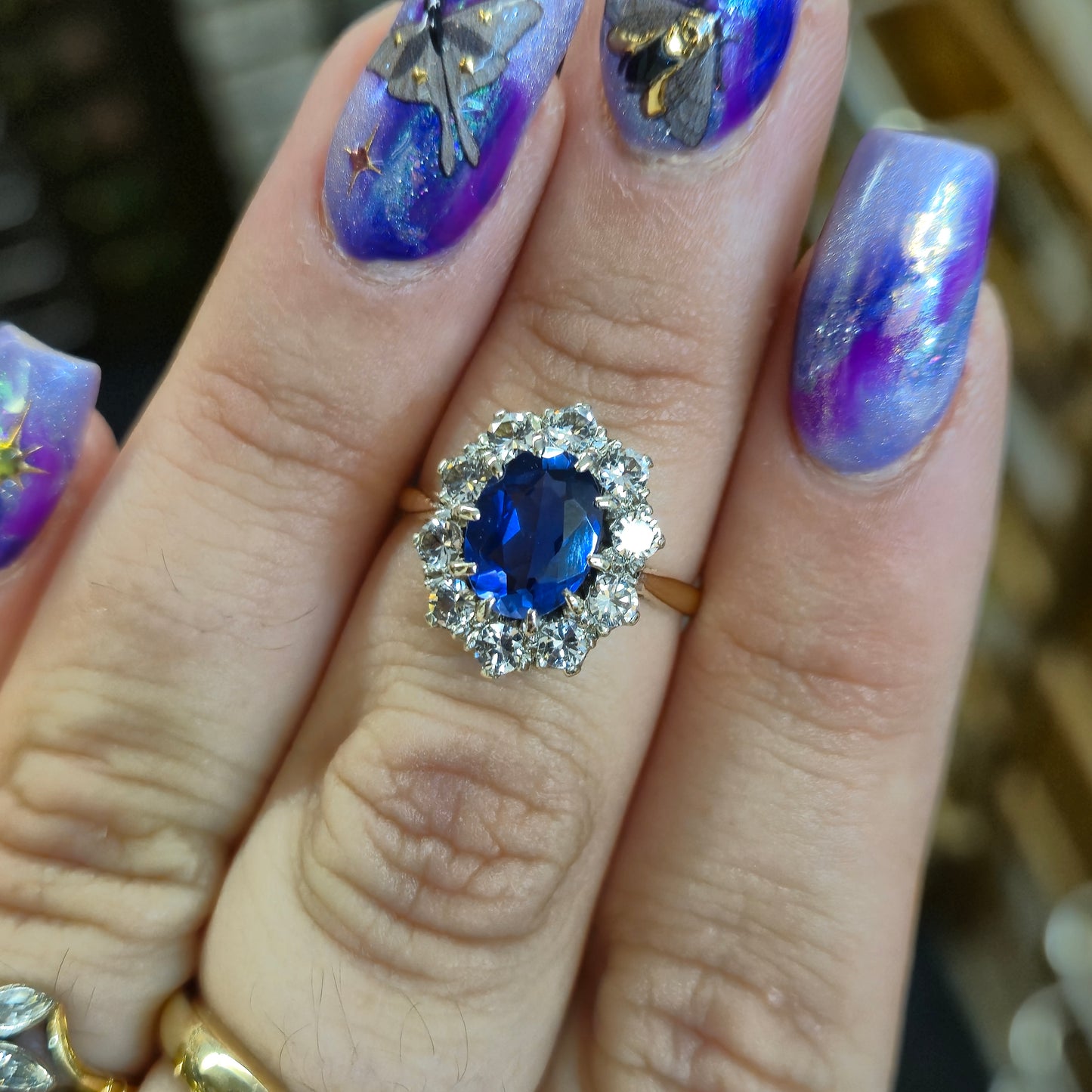 9ct Yellow Gold Vintage Synthetic Sapphire and Spinel Traditional Cluster Ring