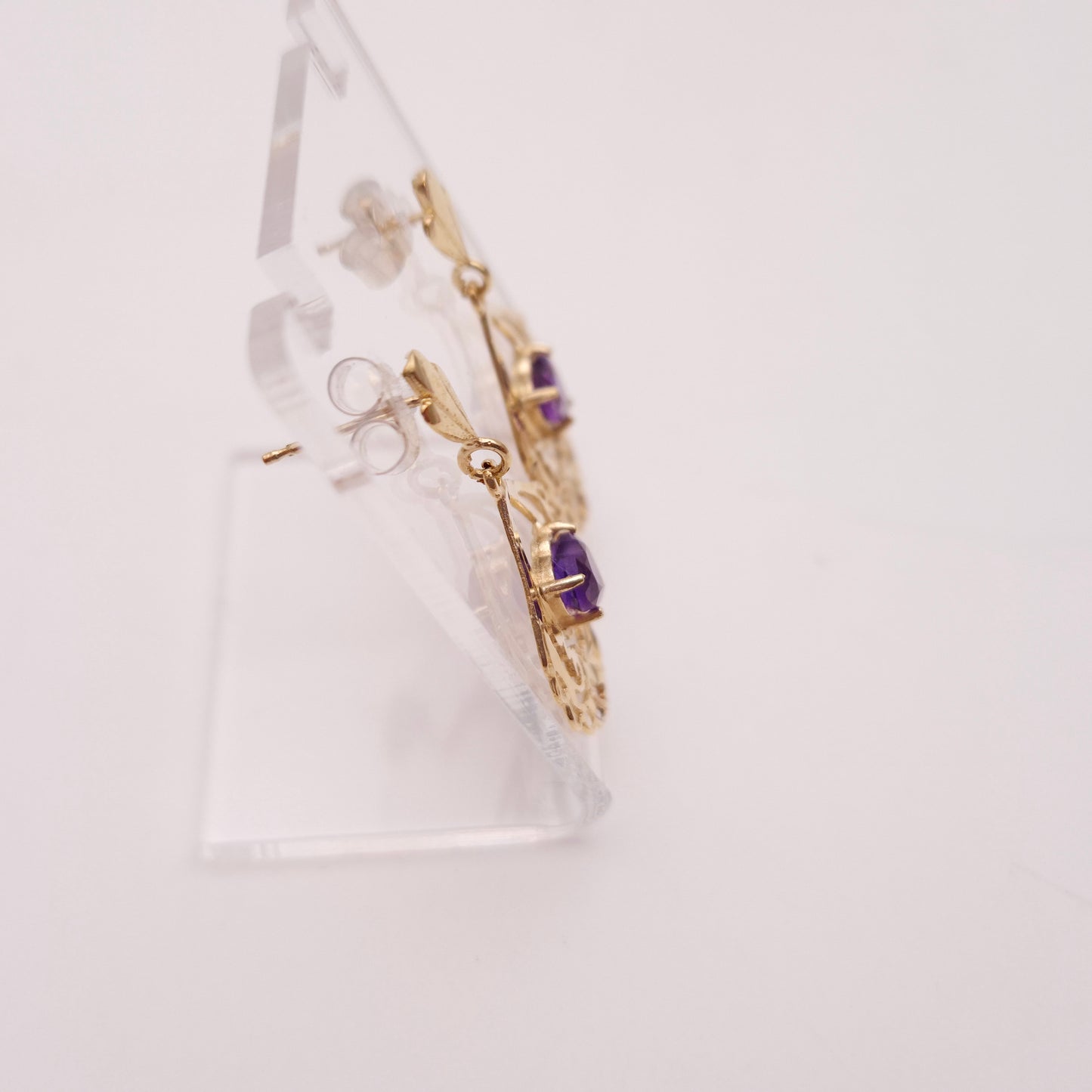 9ct Yellow Gold Openwork Filigree Amethyst Heart Drop Earrings