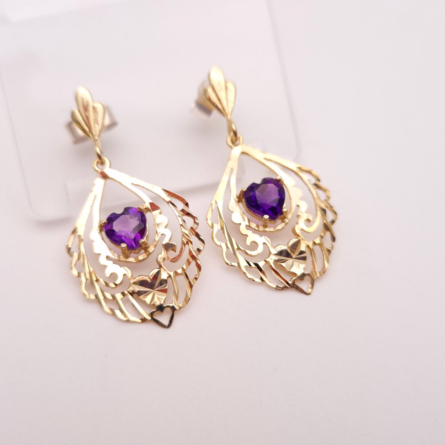 9ct Yellow Gold Openwork Filigree Amethyst Heart Drop Earrings