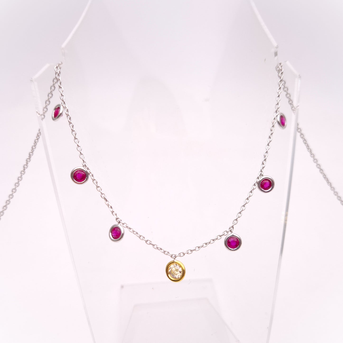 18ct White Gold and Yellow Gold Multi-Gem Ruby and Diamond Dropper Necklace