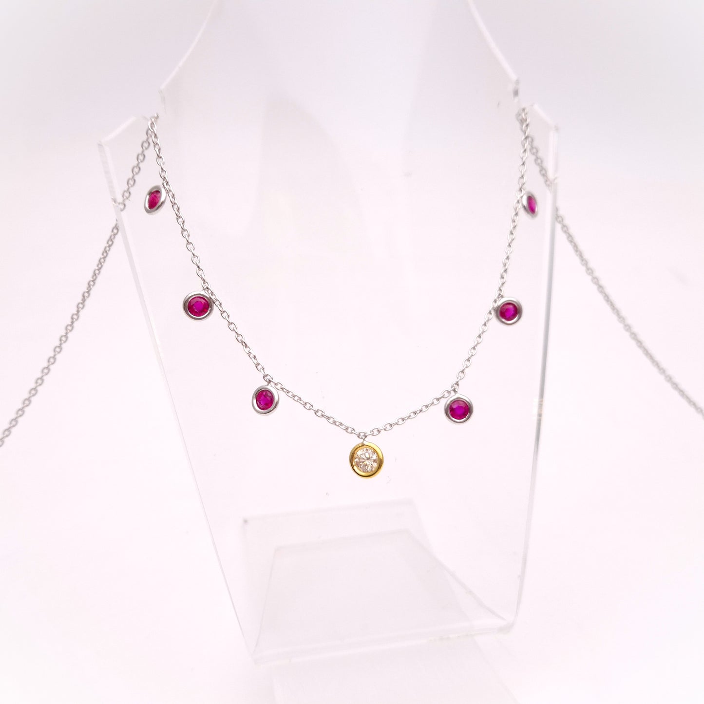 18ct White Gold and Yellow Gold Multi-Gem Ruby and Diamond Dropper Necklace