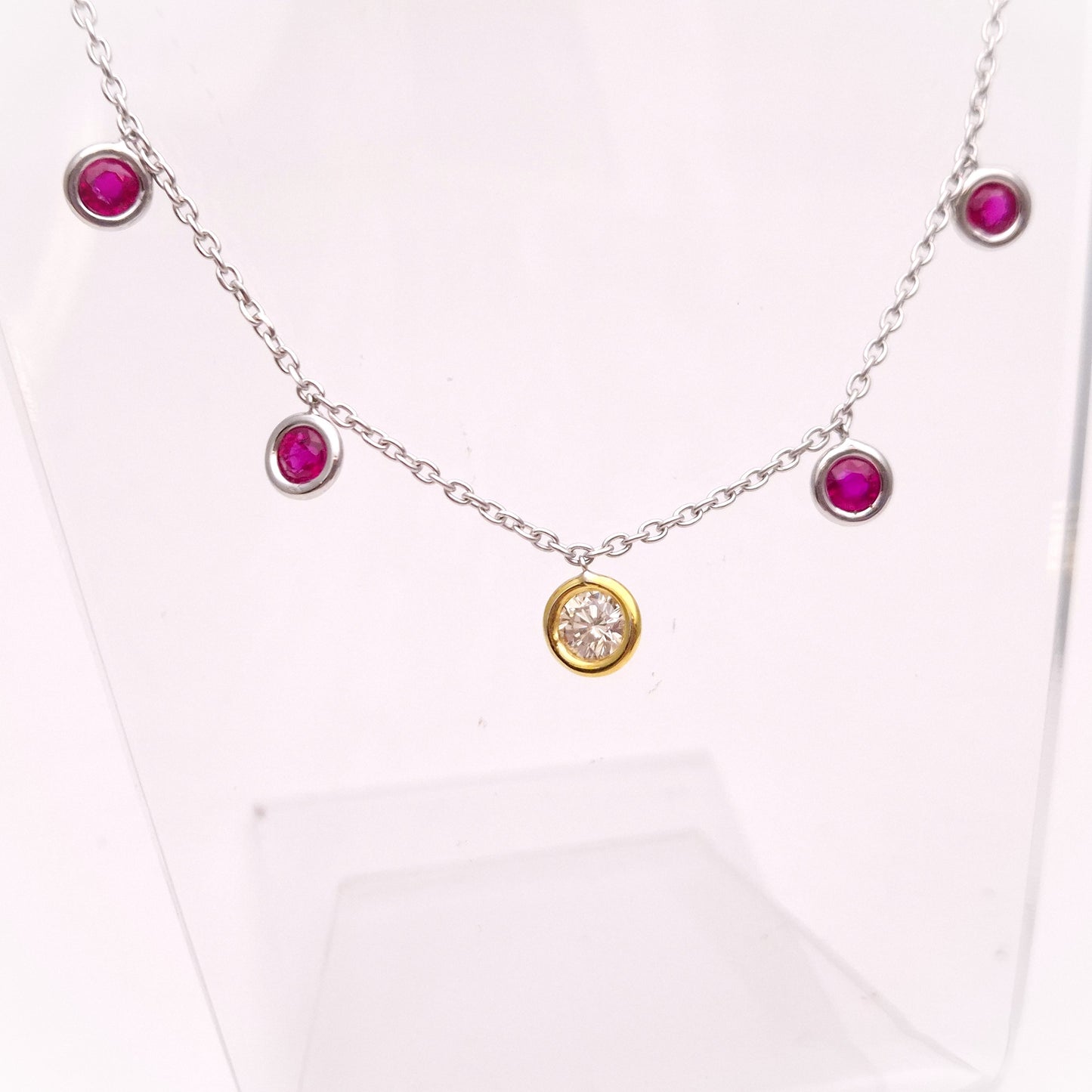 18ct White Gold and Yellow Gold Multi-Gem Ruby and Diamond Dropper Necklace