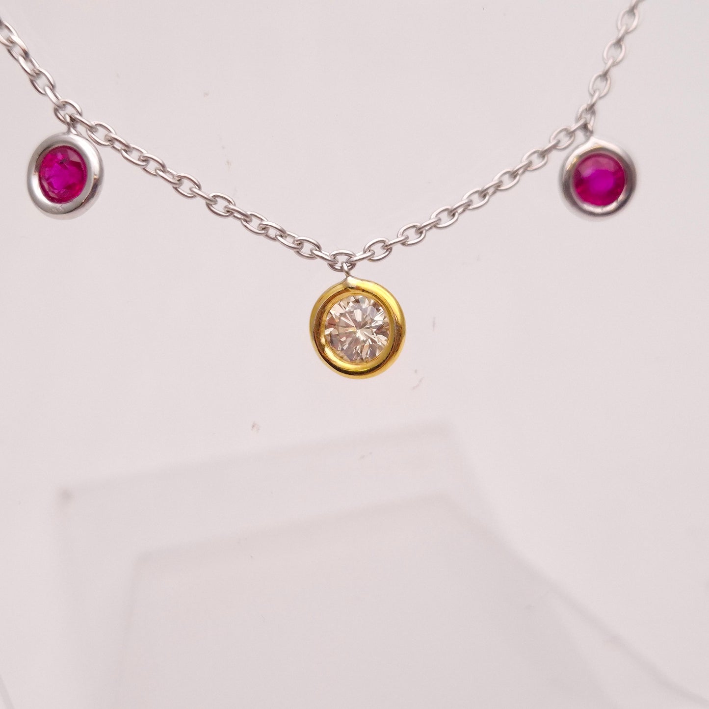 18ct White Gold and Yellow Gold Multi-Gem Ruby and Diamond Dropper Necklace