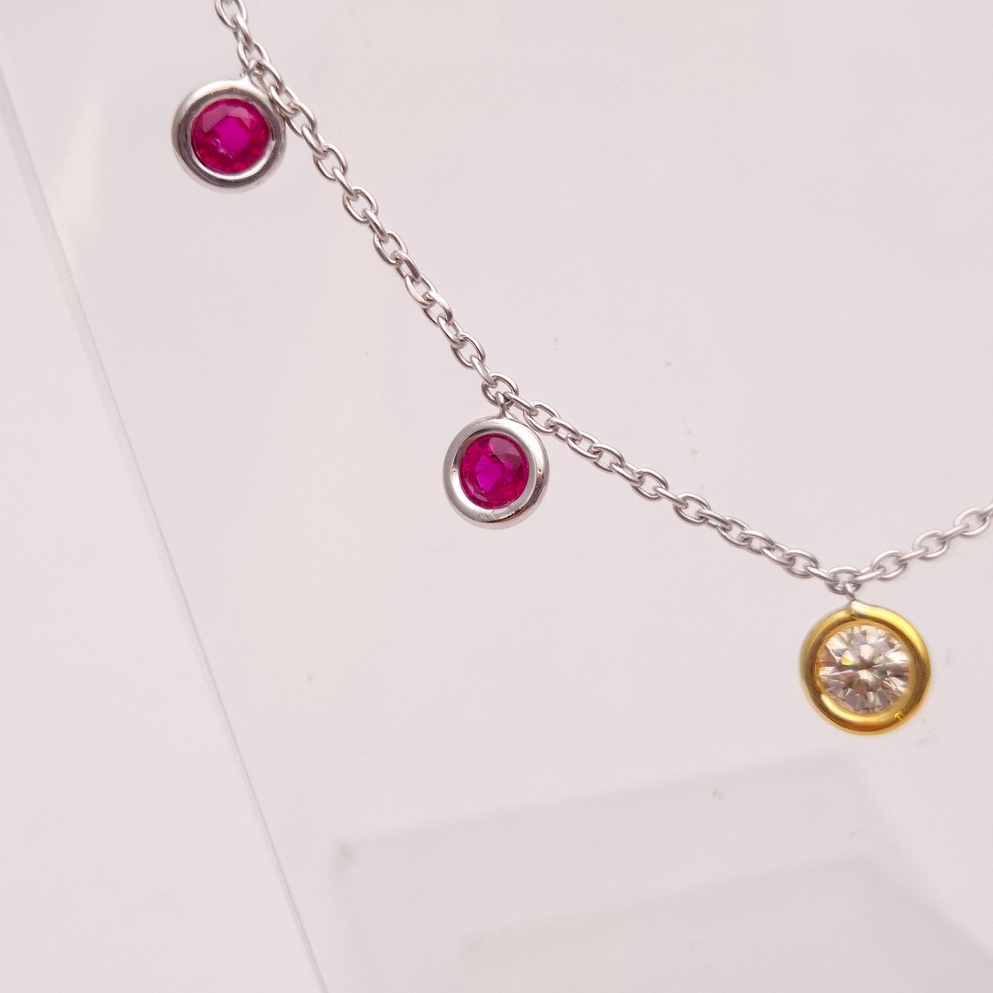 18ct White Gold and Yellow Gold Multi-Gem Ruby and Diamond Dropper Necklace