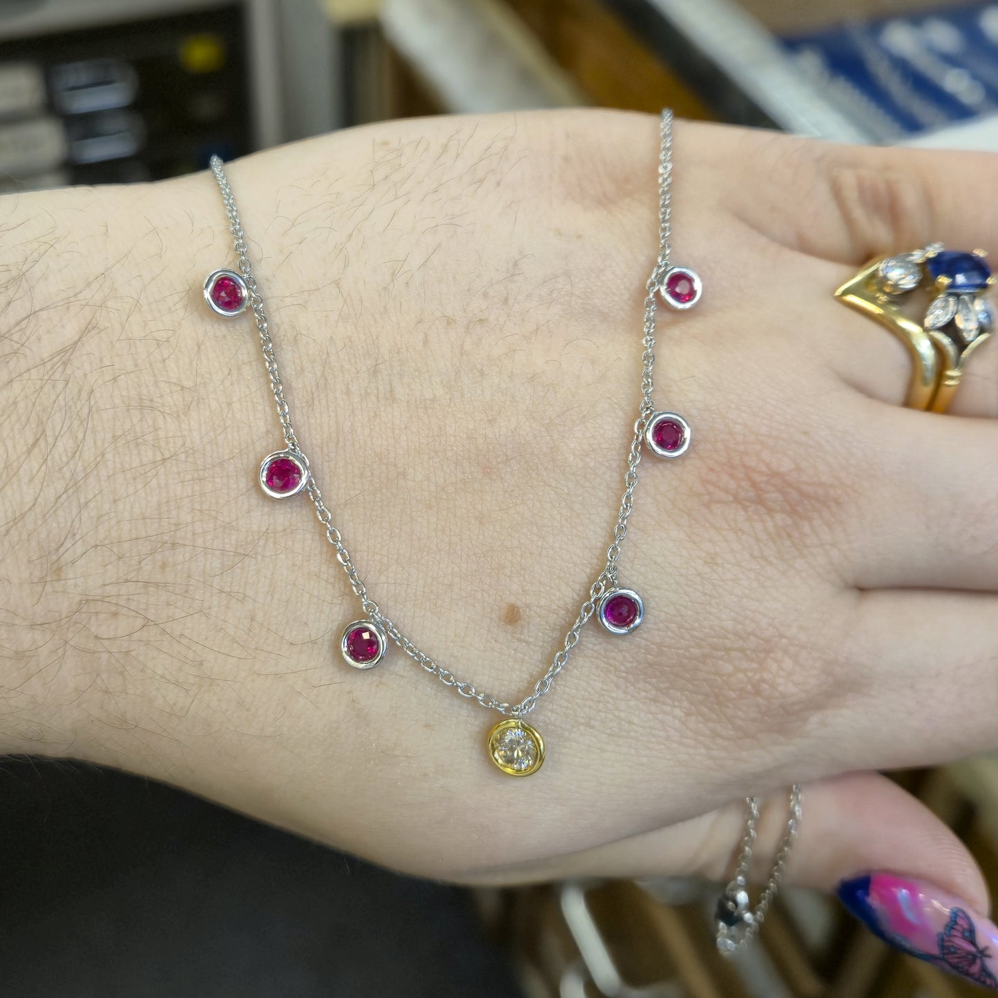 18ct White Gold and Yellow Gold Multi-Gem Ruby and Diamond Dropper Necklace