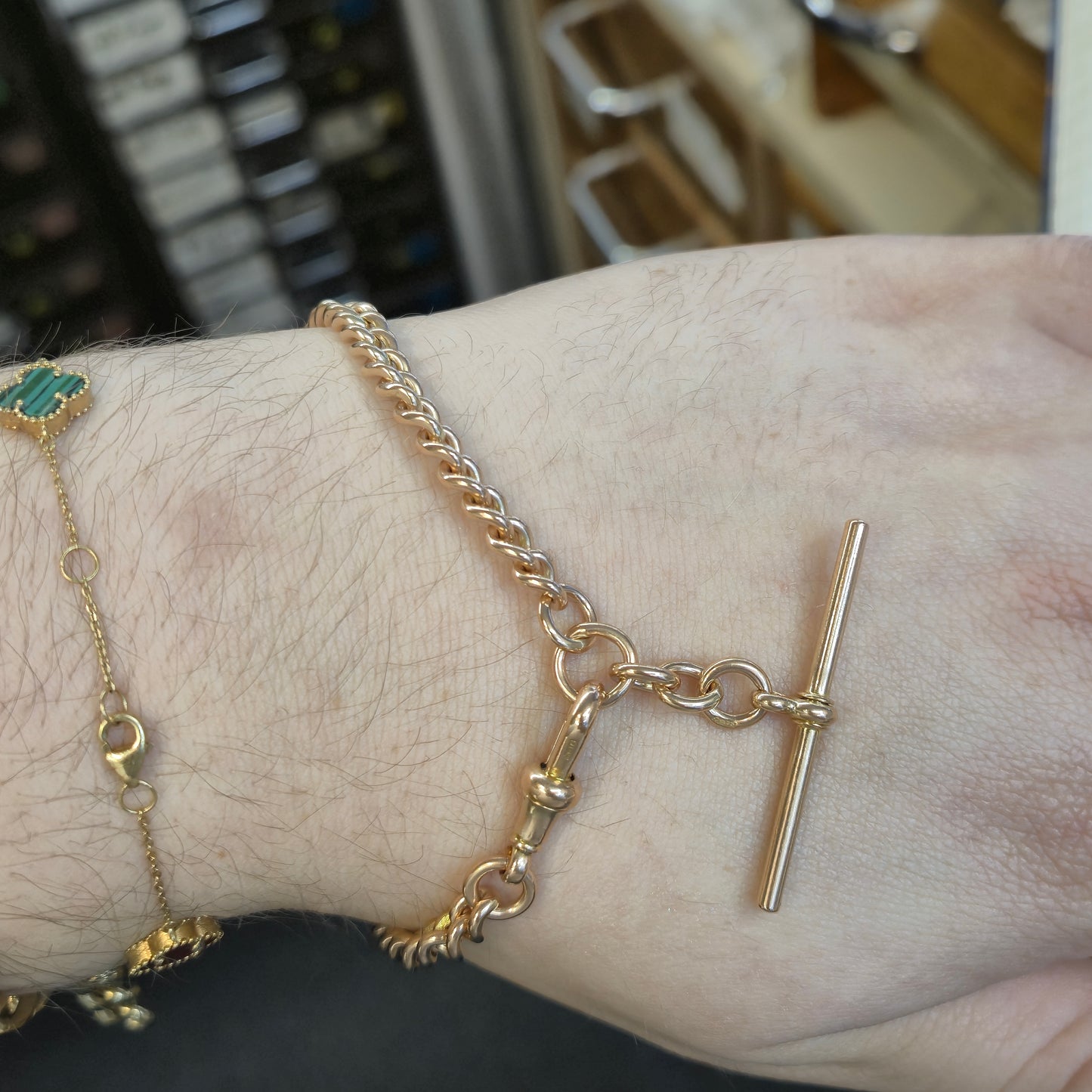 9ct Rose Gold Antique Heavyweight Albert Chain Curb Bracelet with T-Bar & Swivel