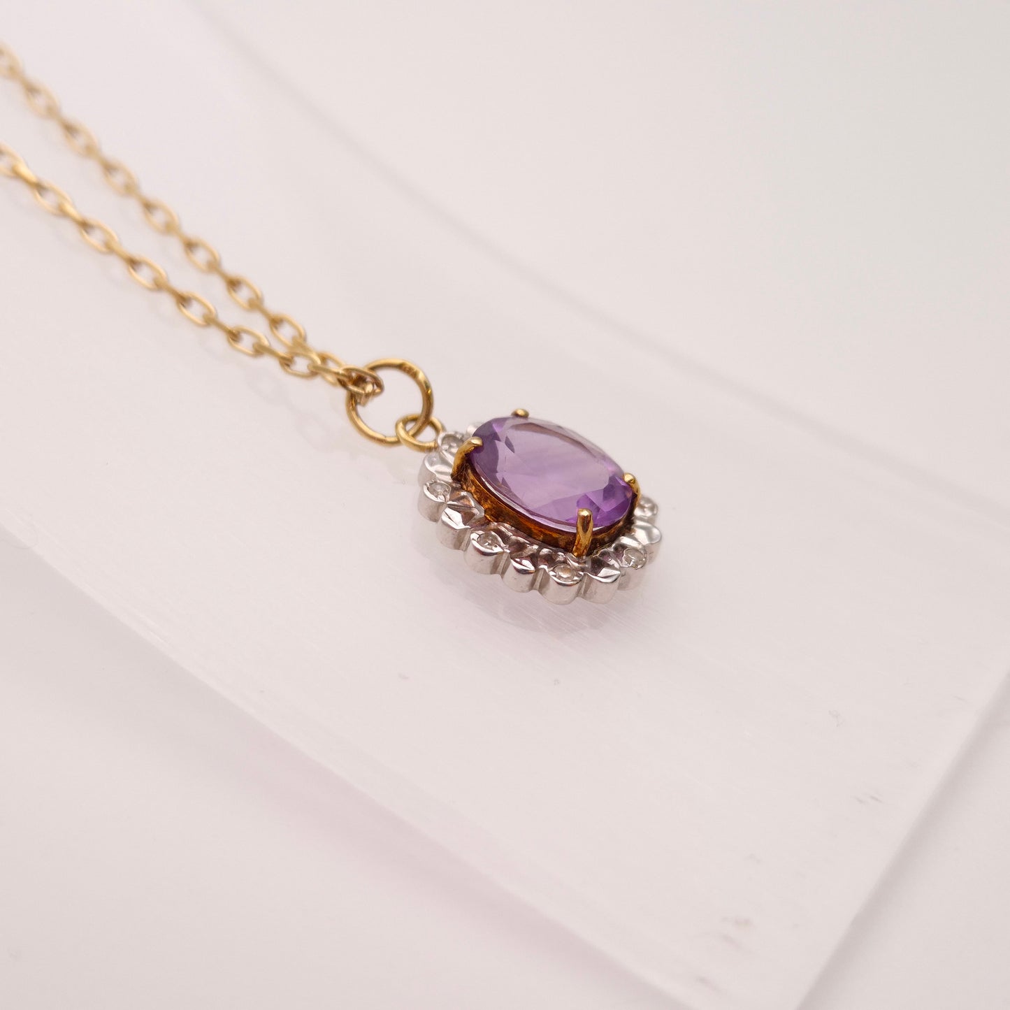 9ct Yellow Gold Vintage Amethyst and Illusion Set Diamond Necklace