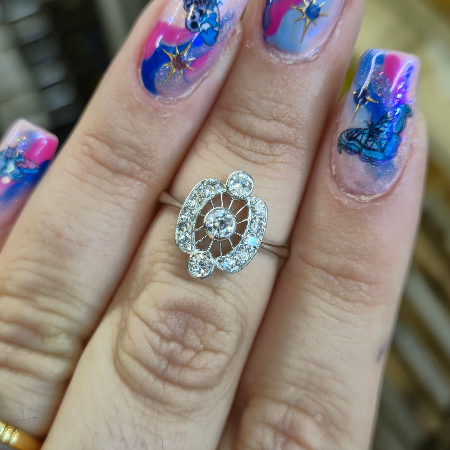 14ct White Gold Art Deco Vintage Style Openwork Multi-stone Diamond Ring