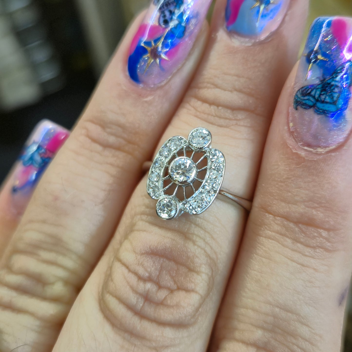 14ct White Gold Art Deco Vintage Style Openwork Multi-stone Diamond Ring