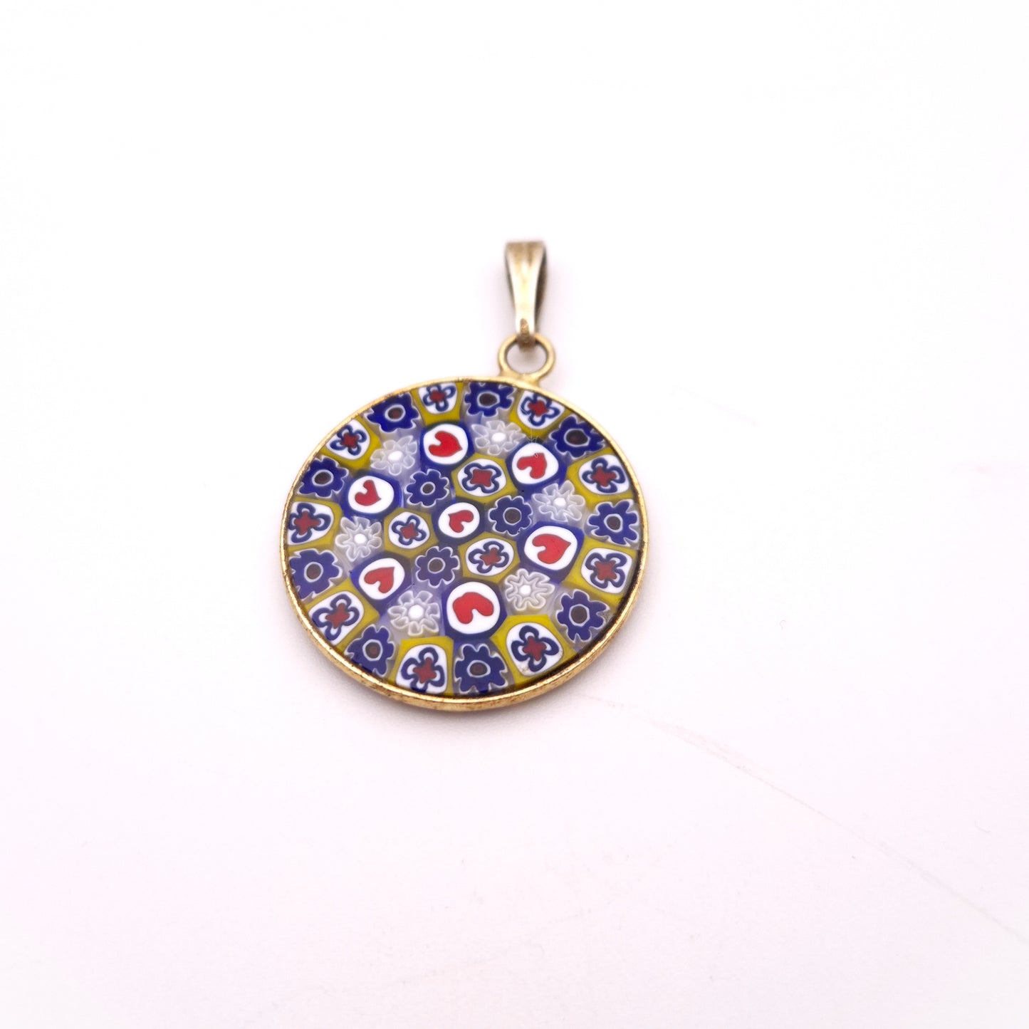 Gold Coloured Millefiori Heart Red, White , Blue, and Yellow Round Pendant