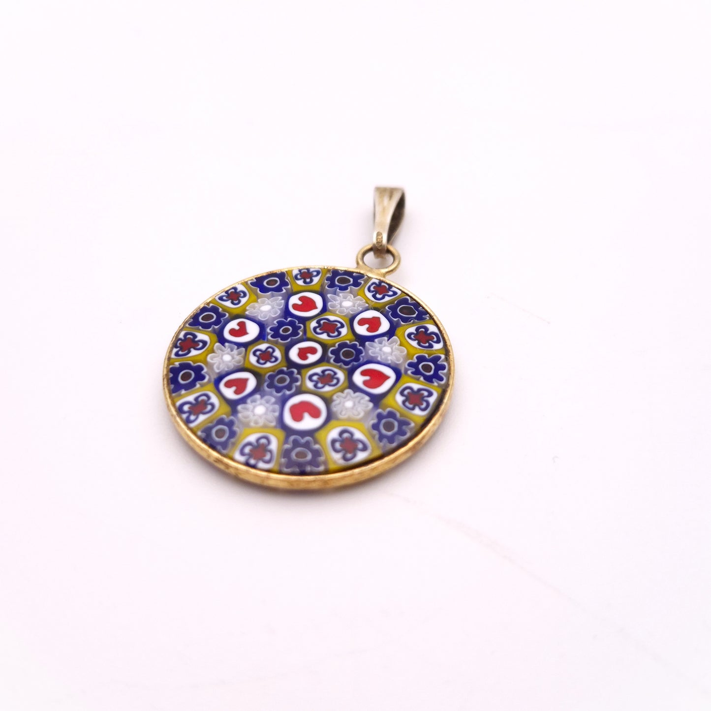 Gold Coloured Millefiori Heart Red, White , Blue, and Yellow Round Pendant
