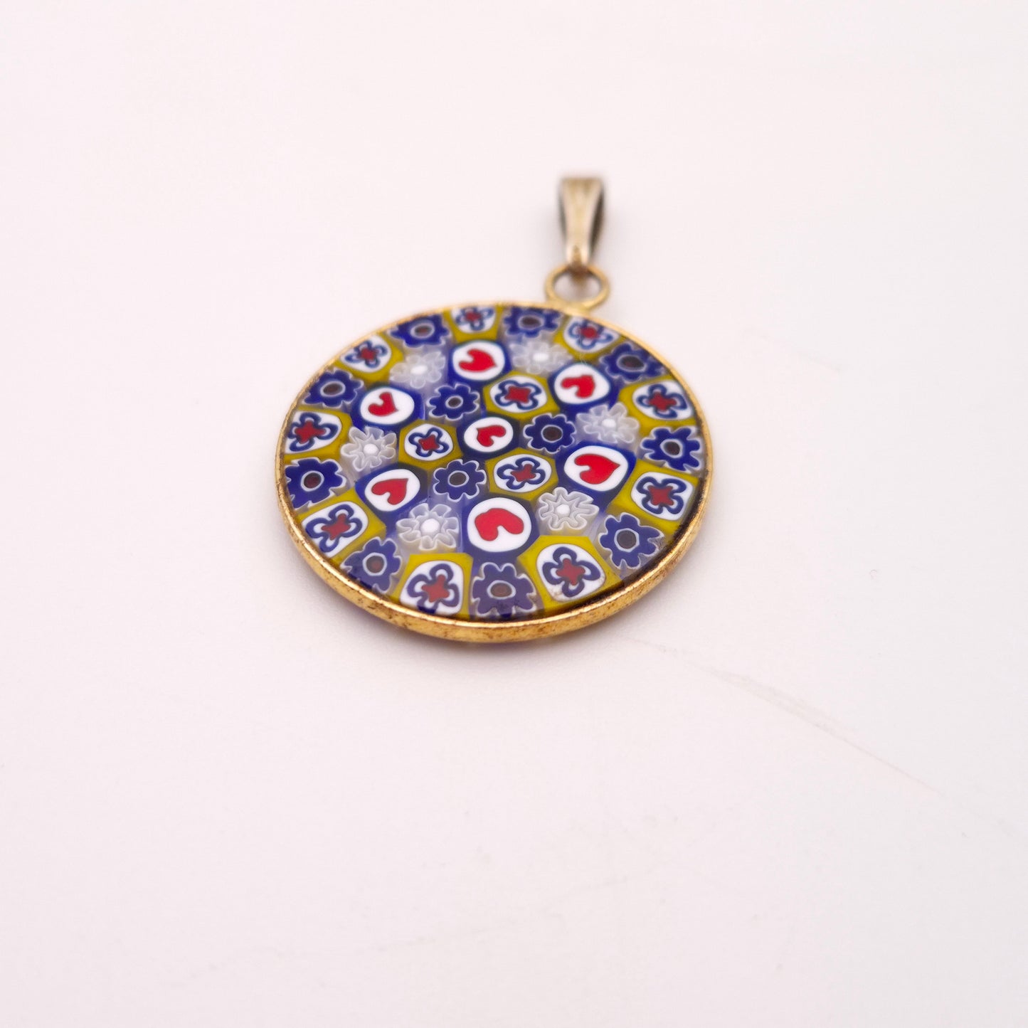 Gold Coloured Millefiori Heart Red, White , Blue, and Yellow Round Pendant