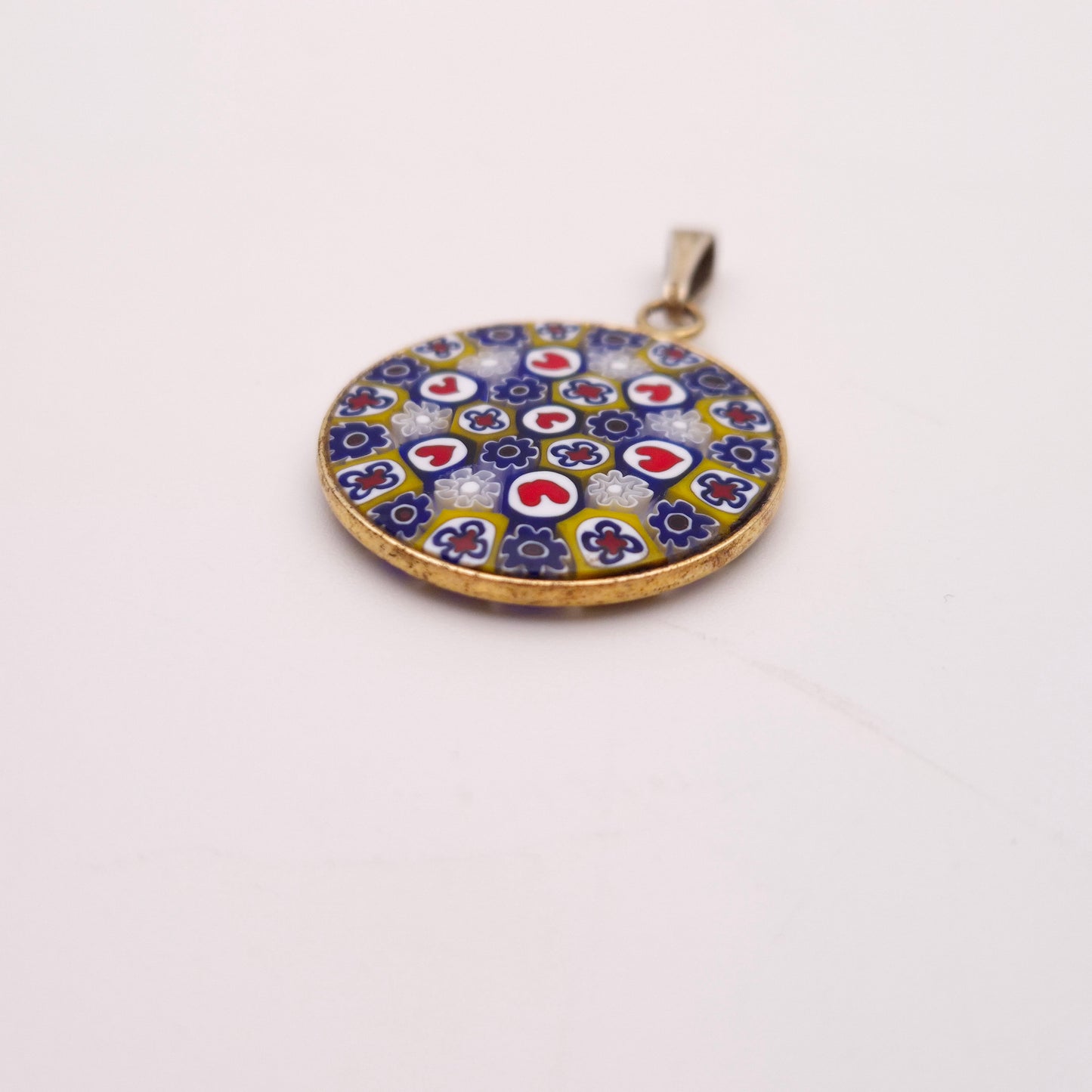 Gold Coloured Millefiori Heart Red, White , Blue, and Yellow Round Pendant