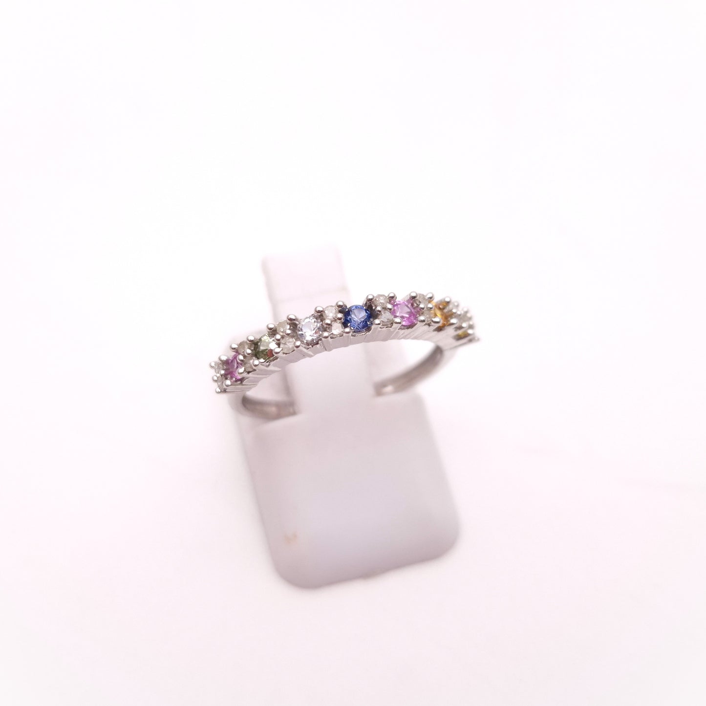 9ct White gold Multi Stone Vari-hue Rainbow Sapphire and Diamond 1/2 Eternity Row Ring